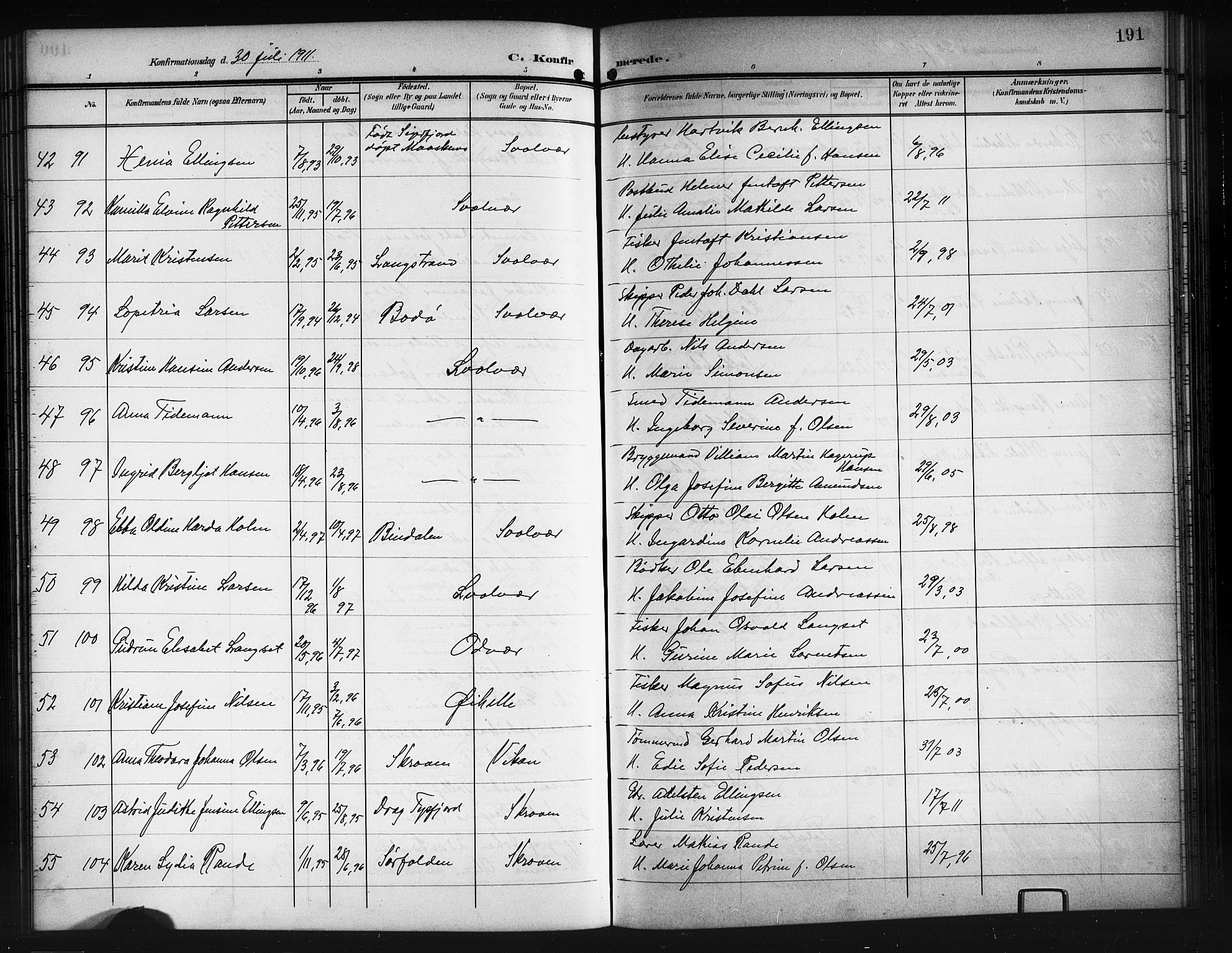 Ministerialprotokoller, klokkerbøker og fødselsregistre - Nordland, AV/SAT-A-1459/874/L1079: Klokkerbok nr. 874C08, 1907-1915, s. 191