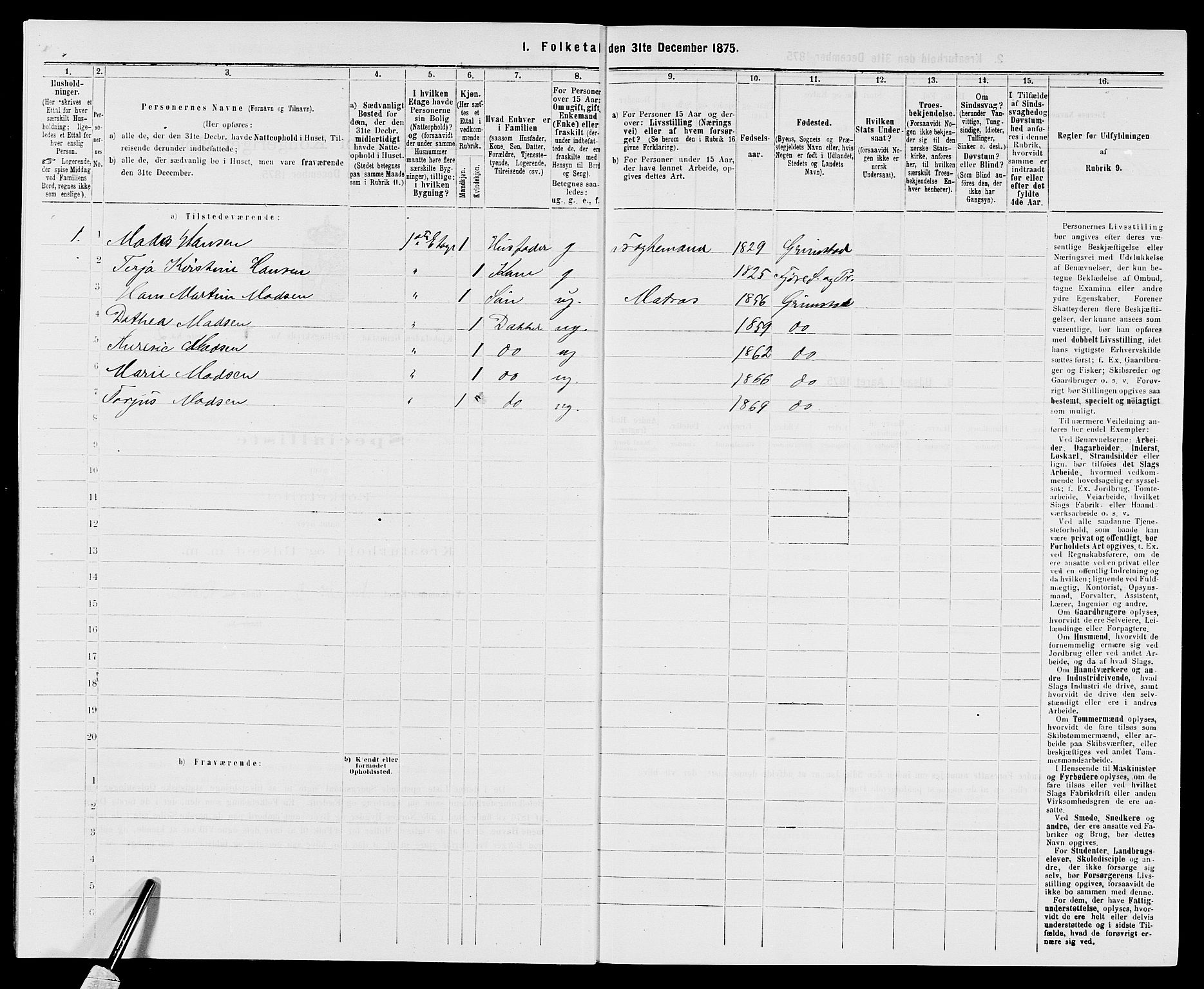 SAK, Folketelling 1875 for 0904B Fjære prestegjeld, Grimstad kjøpstad, 1875, s. 13