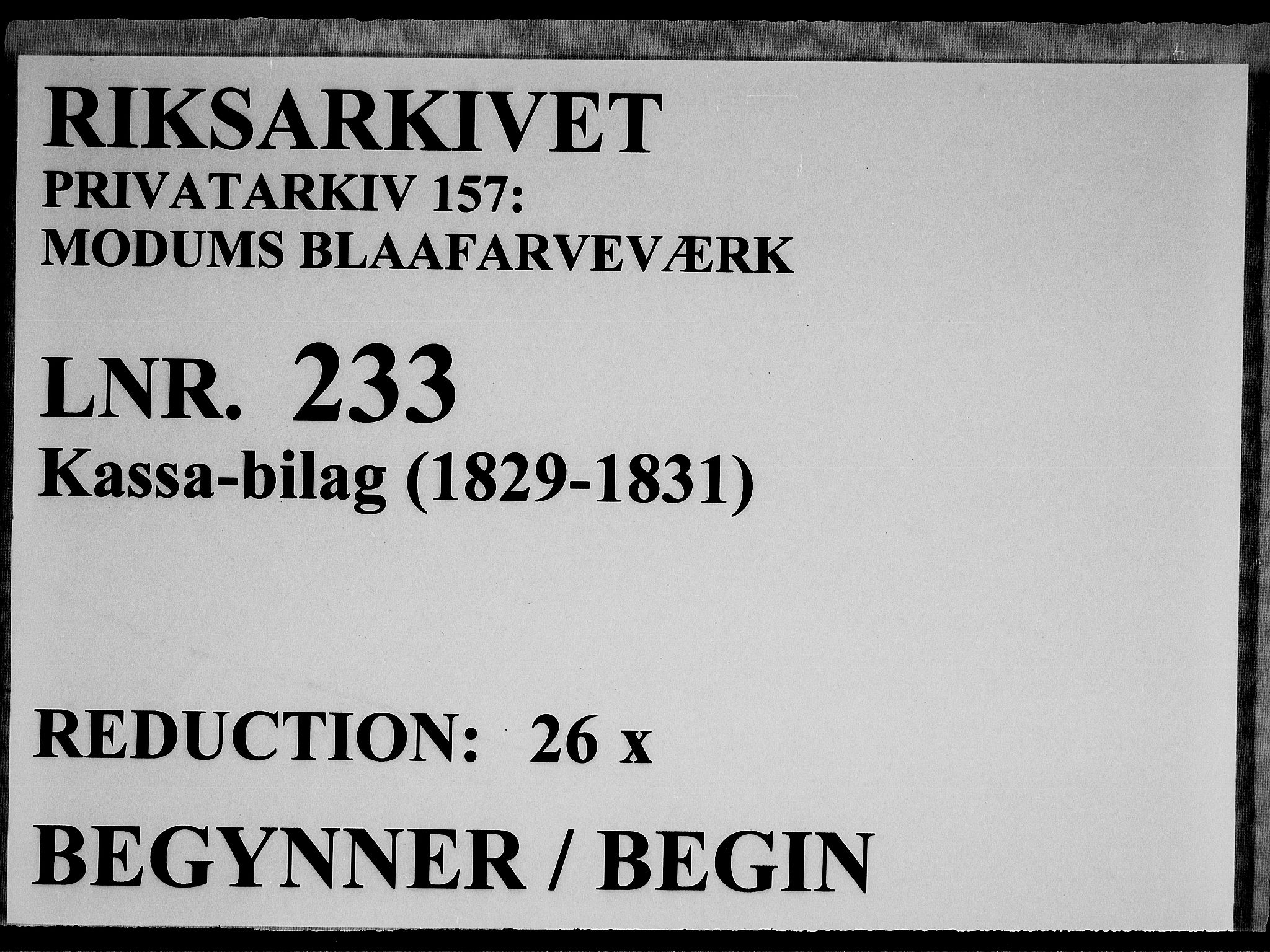 Modums Blaafarveværk, RA/PA-0157/G/Gd/Gdc/L0233/0001: -- / Kassa-bilag, 1829-1831, s. 1