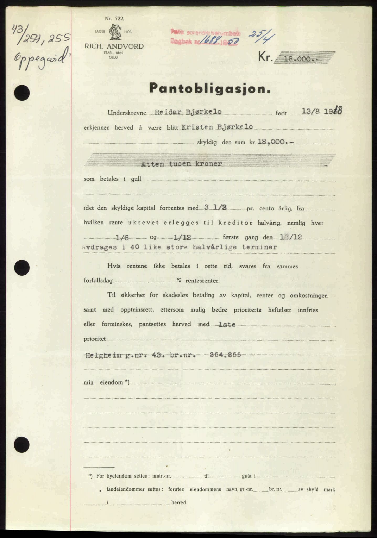 Follo sorenskriveri, SAO/A-10274/G/Ga/Gaa/L0092: Pantebok nr. I 92, 1950-1950, Dagboknr: 1688/1950