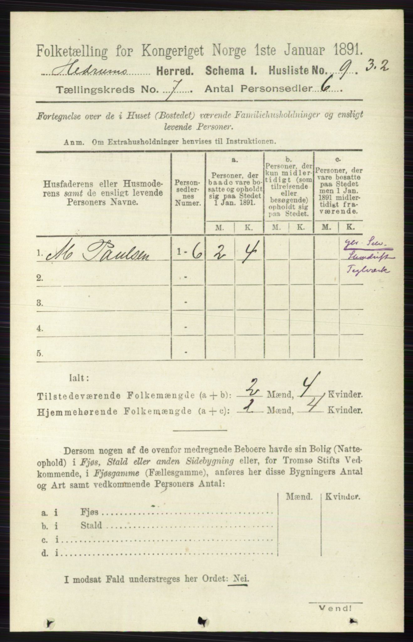 RA, Folketelling 1891 for 0727 Hedrum herred, 1891, s. 2954