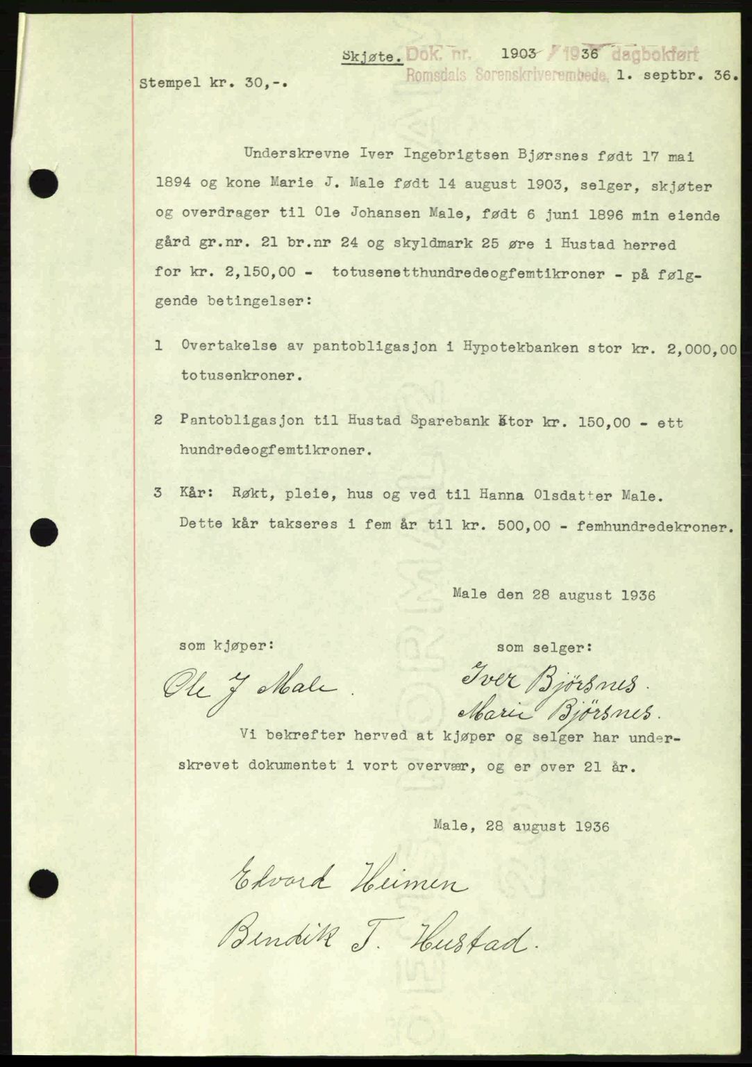 Romsdal sorenskriveri, SAT/A-4149/1/2/2C: Pantebok nr. A2, 1936-1937, Dagboknr: 1903/1936