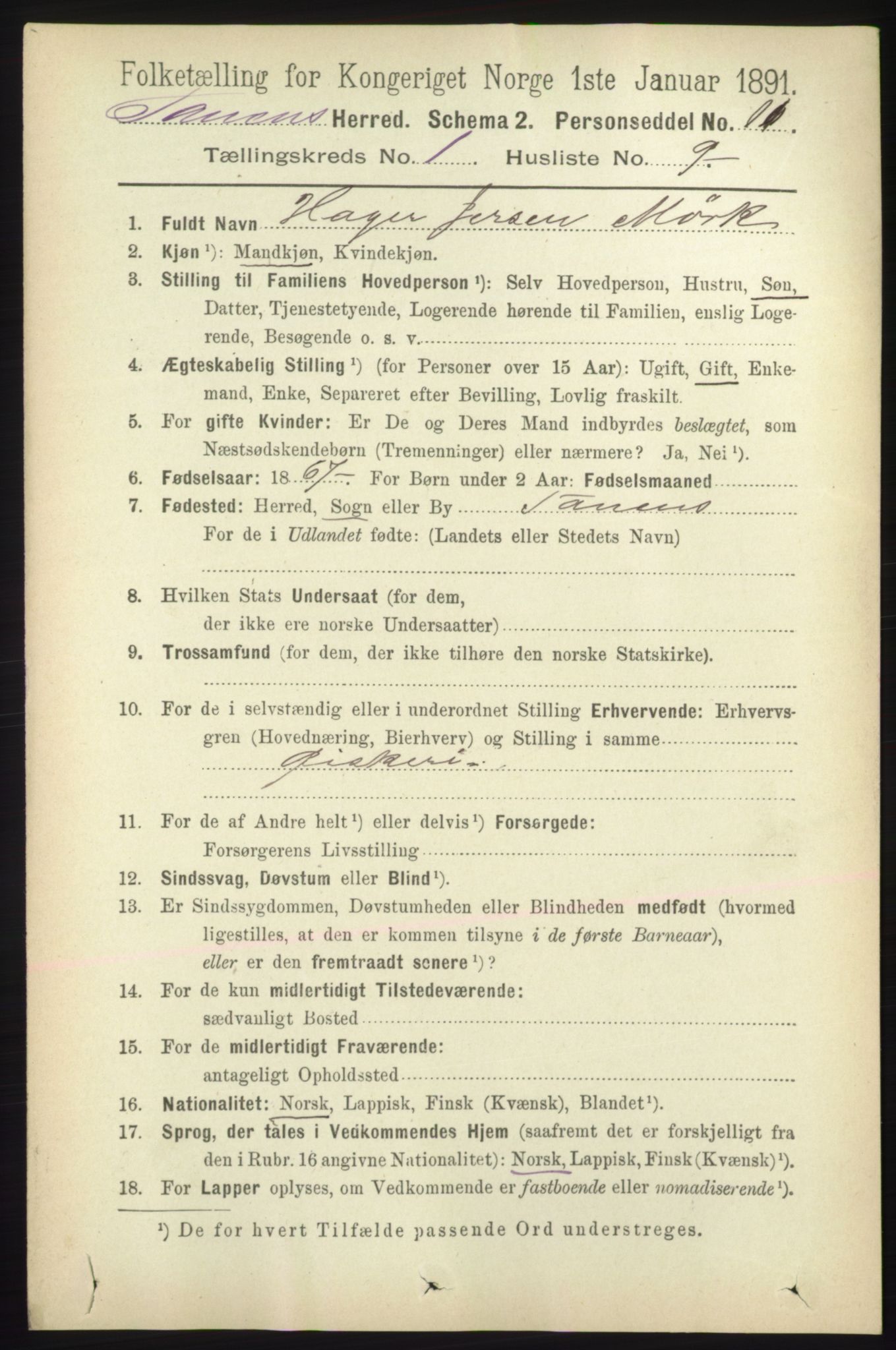 RA, Folketelling 1891 for 2025 Tana herred, 1891, s. 166