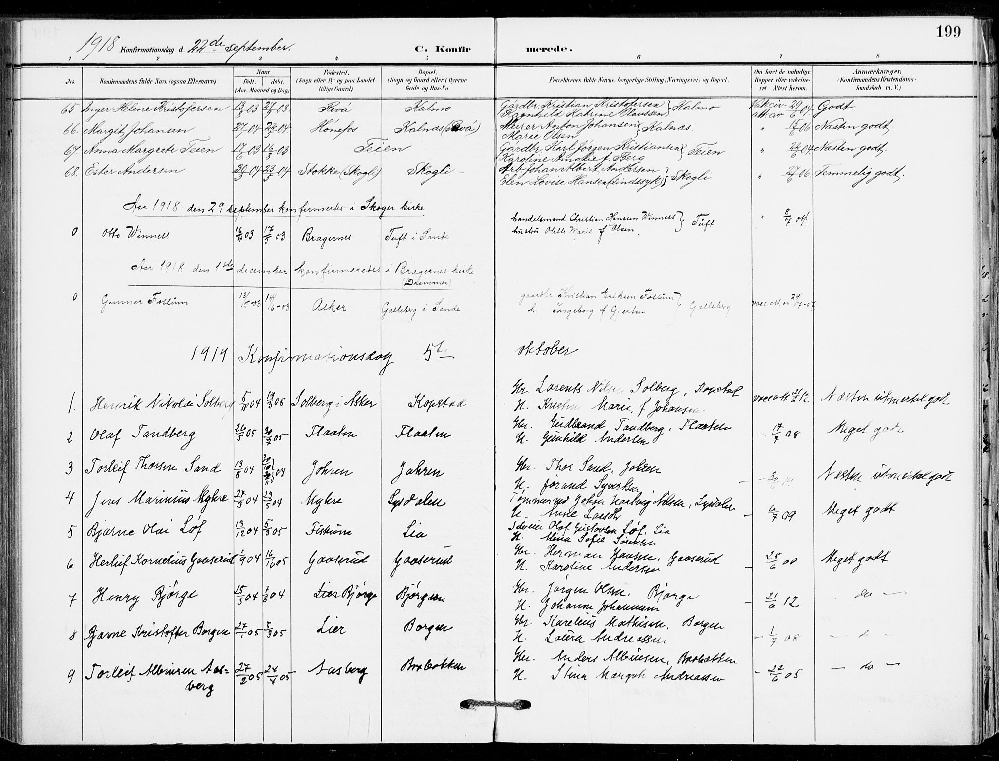Sande Kirkebøker, AV/SAKO-A-53/F/Fa/L0008: Ministerialbok nr. 8, 1904-1921, s. 199