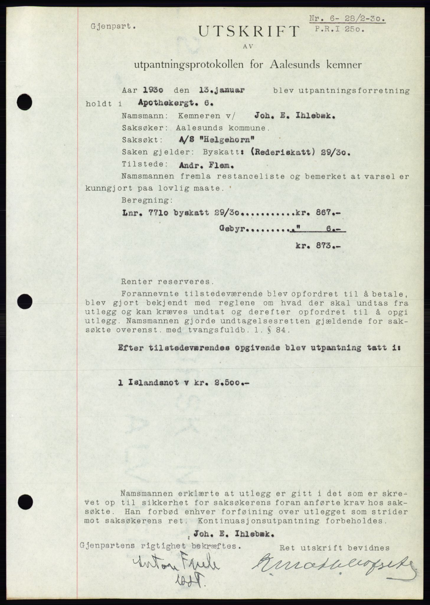 Ålesund byfogd, AV/SAT-A-4384: Pantebok nr. 26, 1930-1930, Tingl.dato: 28.02.1930