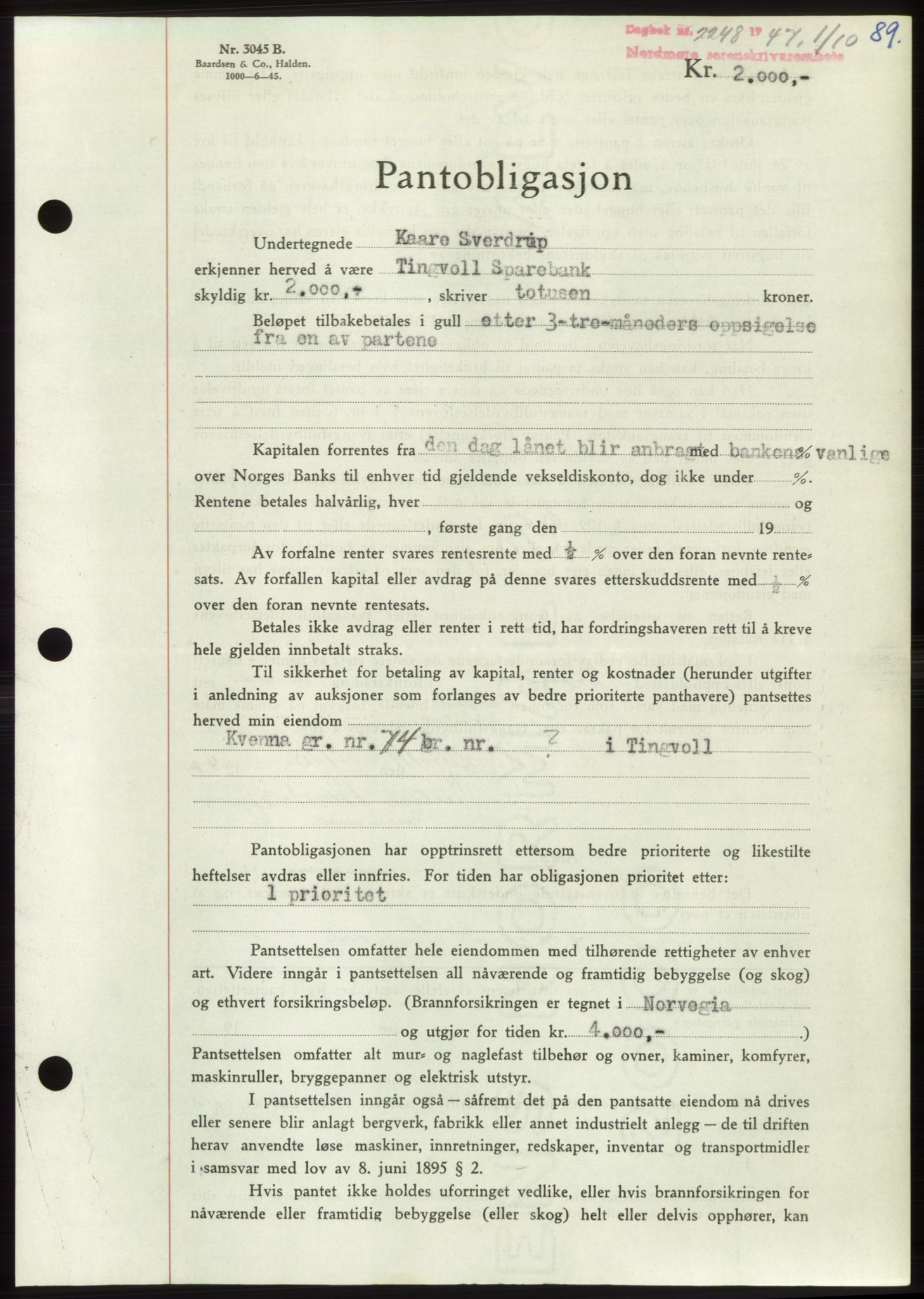 Nordmøre sorenskriveri, AV/SAT-A-4132/1/2/2Ca: Pantebok nr. B97, 1947-1948, Dagboknr: 2248/1947