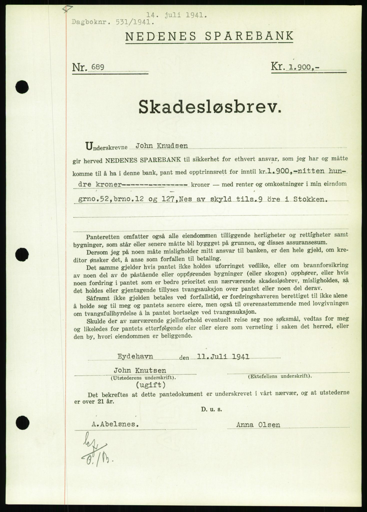 Nedenes sorenskriveri, SAK/1221-0006/G/Gb/Gbb/L0001: Pantebok nr. I, 1939-1942, Dagboknr: 531/1941