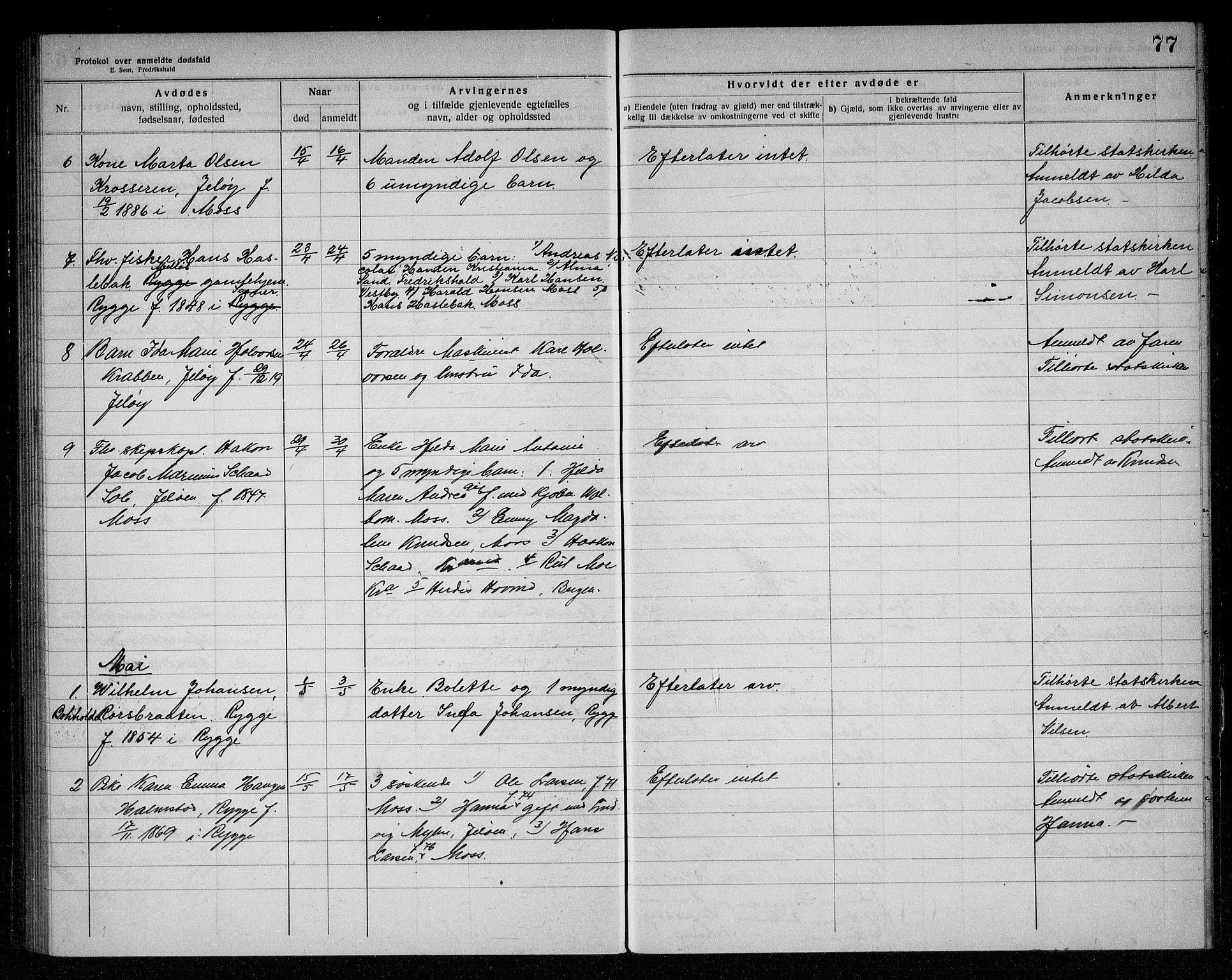 Rygge lensmannskontor, AV/SAO-A-10005/H/Ha/Haa/L0006: Dødsfallsprotokoll, 1916-1920, s. 77