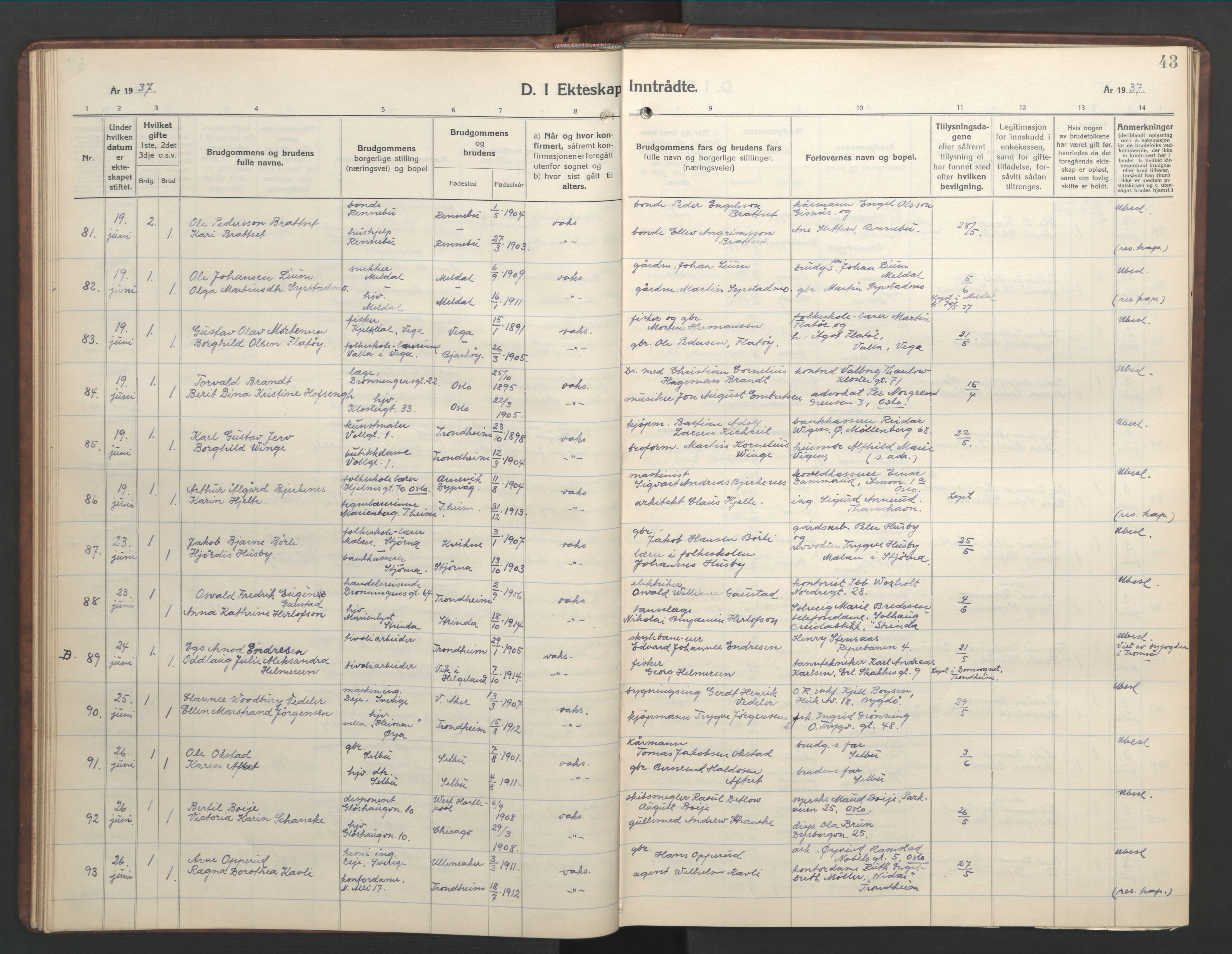 Ministerialprotokoller, klokkerbøker og fødselsregistre - Sør-Trøndelag, SAT/A-1456/601/L0101: Klokkerbok nr. 601C19, 1935-1946, s. 43