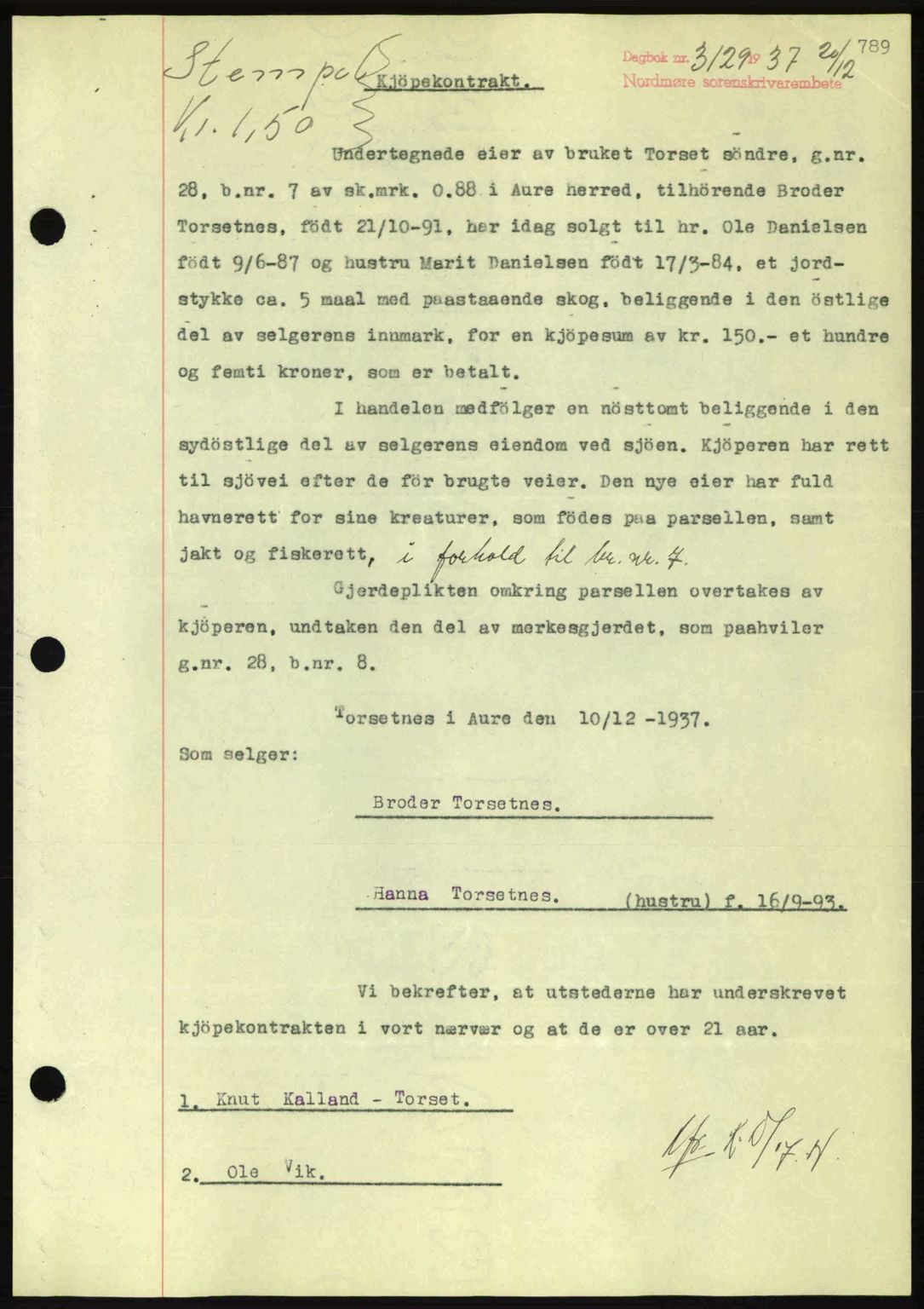 Nordmøre sorenskriveri, SAT/A-4132/1/2/2Ca: Pantebok nr. A82, 1937-1938, Dagboknr: 3129/1937