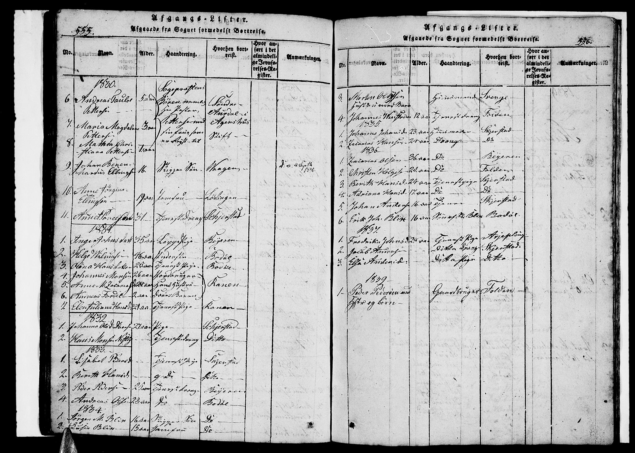 Ministerialprotokoller, klokkerbøker og fødselsregistre - Nordland, AV/SAT-A-1459/847/L0676: Klokkerbok nr. 847C04, 1821-1853, s. 555-556