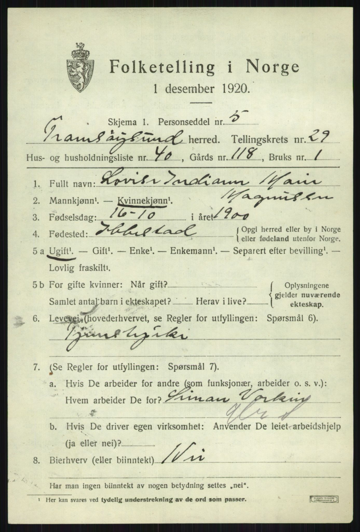SATØ, Folketelling 1920 for 1934 Tromsøysund herred, 1920, s. 13838
