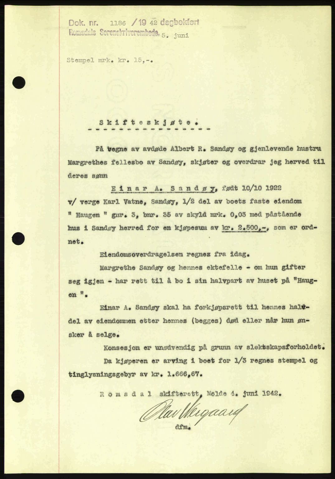 Romsdal sorenskriveri, SAT/A-4149/1/2/2C: Pantebok nr. A12, 1942-1942, Dagboknr: 1186/1942