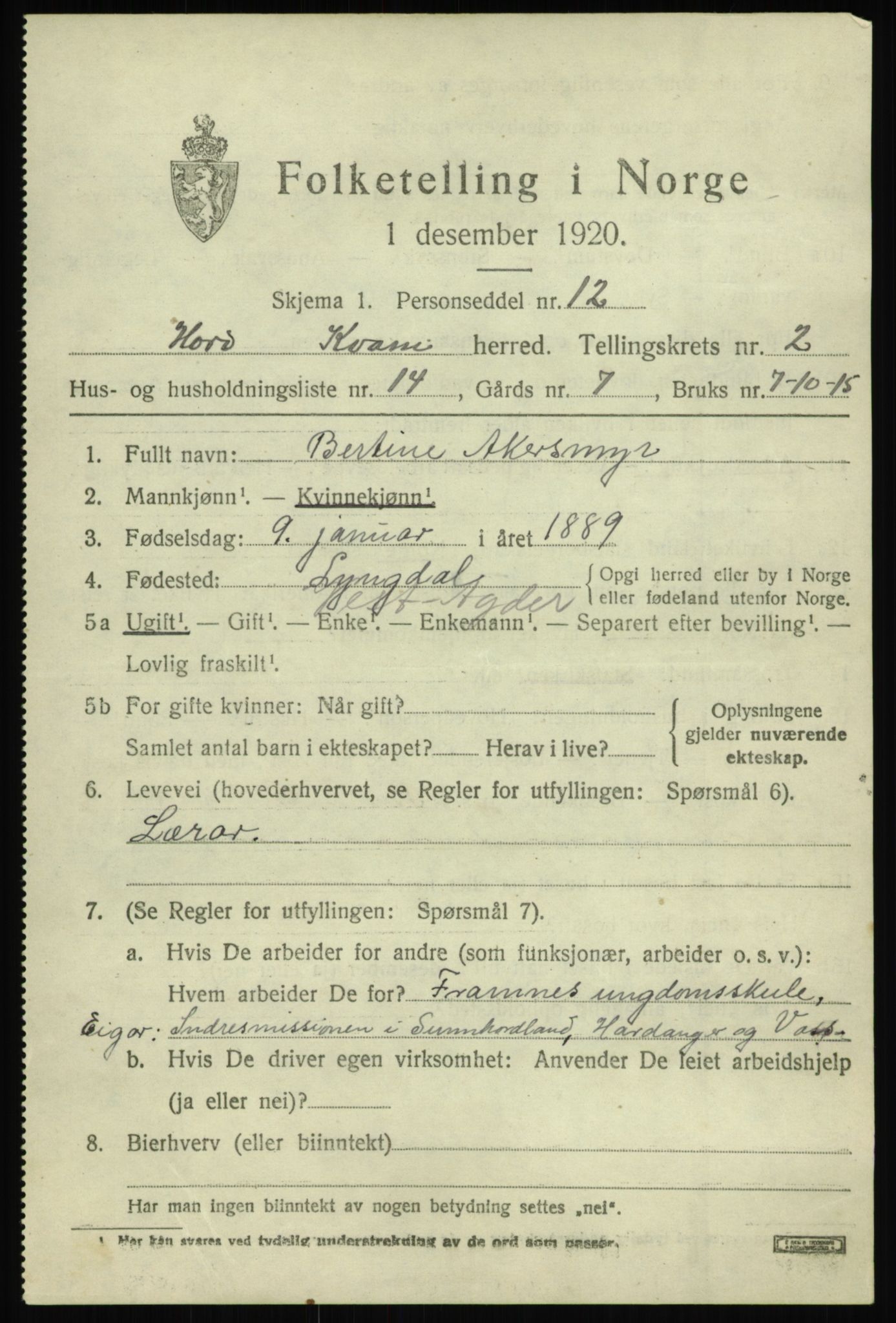 SAB, Folketelling 1920 for 1238 Kvam herred, 1920, s. 1993