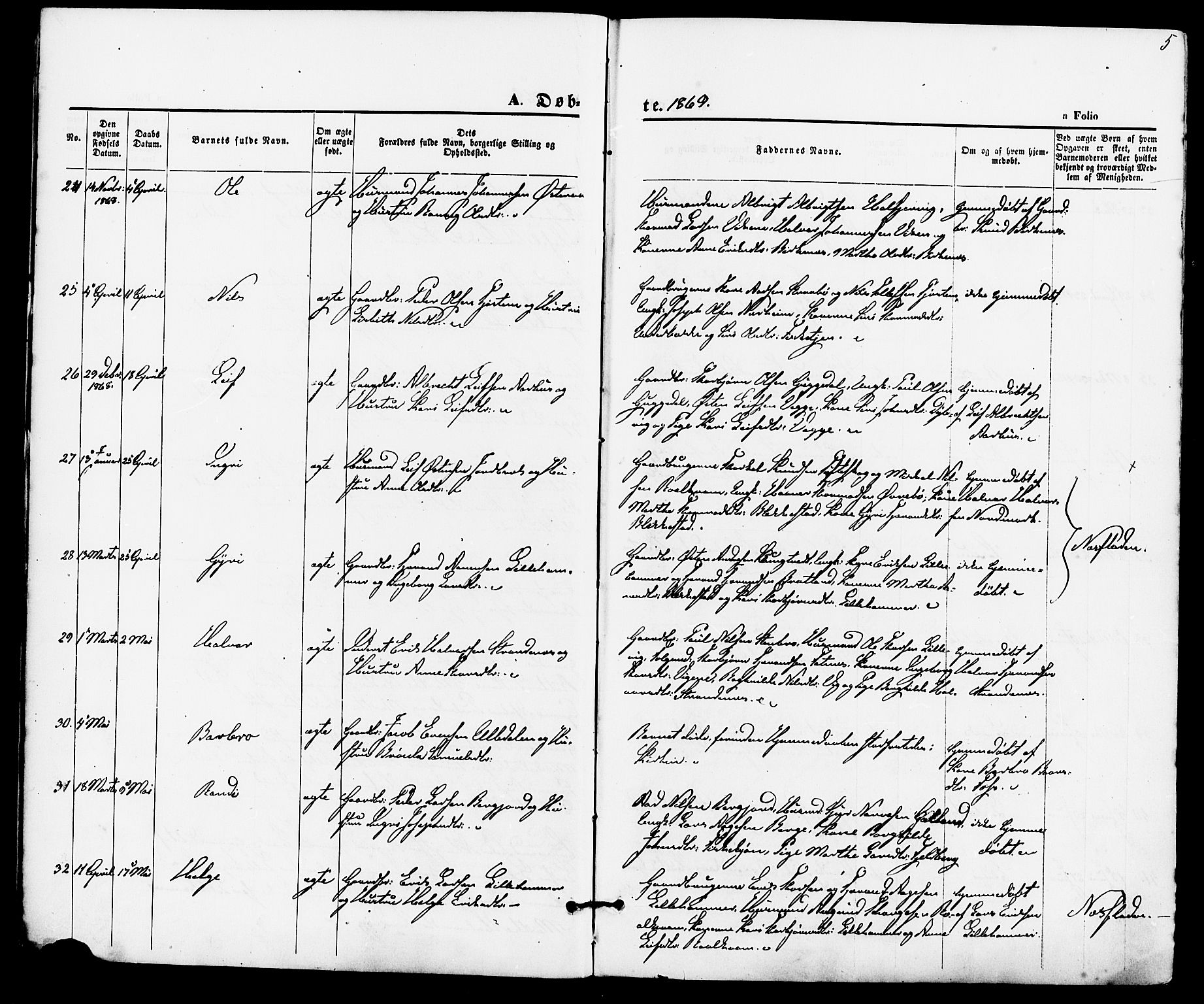 Suldal sokneprestkontor, AV/SAST-A-101845/01/IV/L0010: Ministerialbok nr. A 10, 1869-1878, s. 5