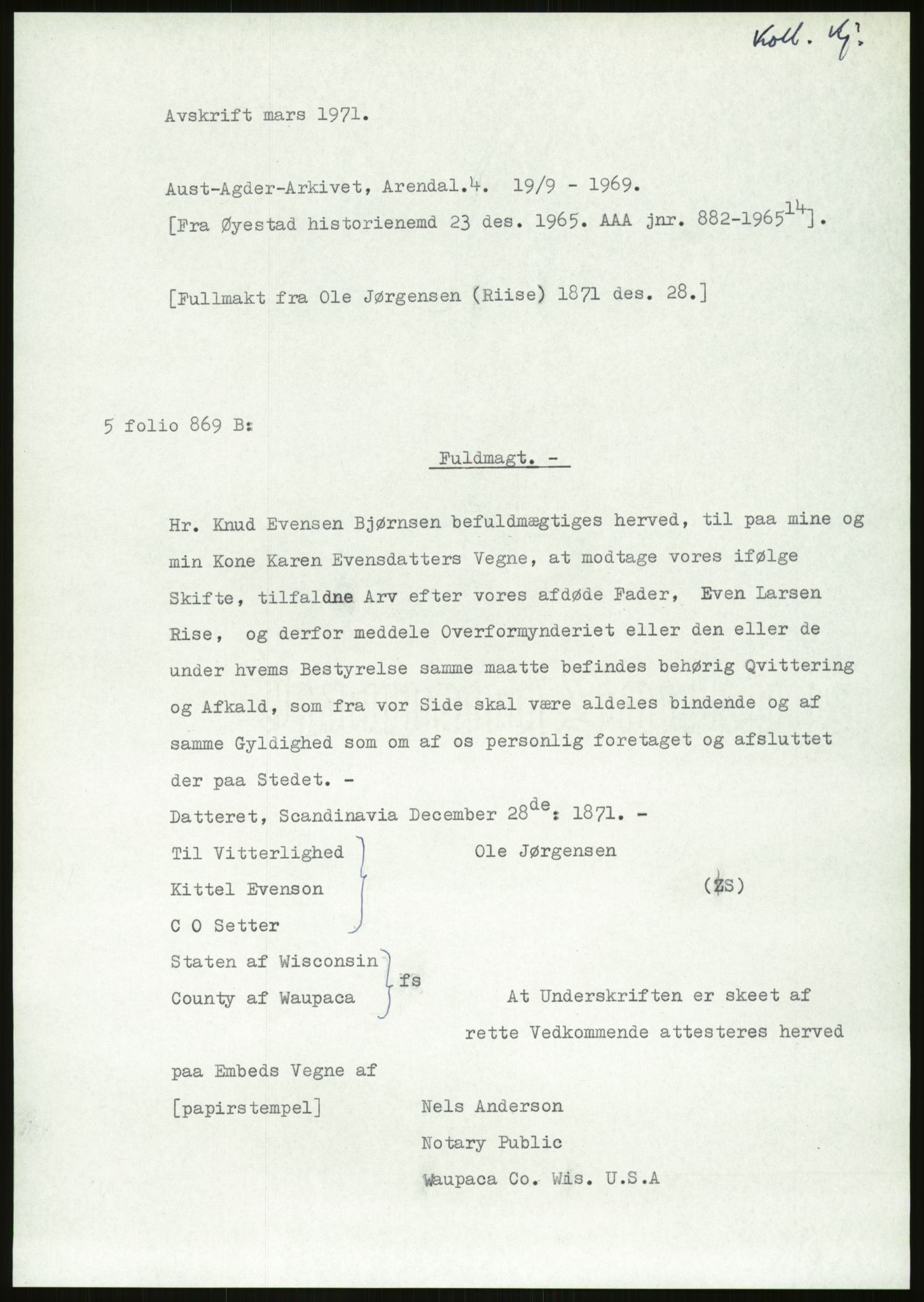 Samlinger til kildeutgivelse, Amerikabrevene, RA/EA-4057/F/L0026: Innlån fra Aust-Agder: Aust-Agder-Arkivet - Erickson, 1838-1914, s. 487