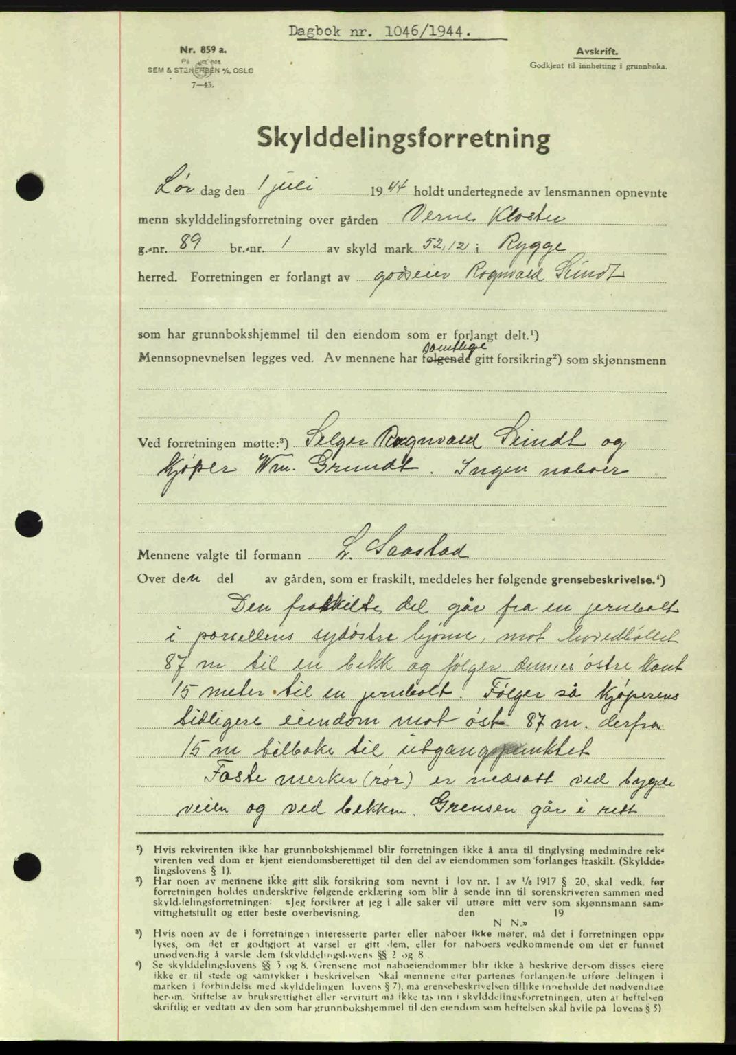 Moss sorenskriveri, SAO/A-10168: Pantebok nr. A12, 1943-1944, Dagboknr: 1046/1944