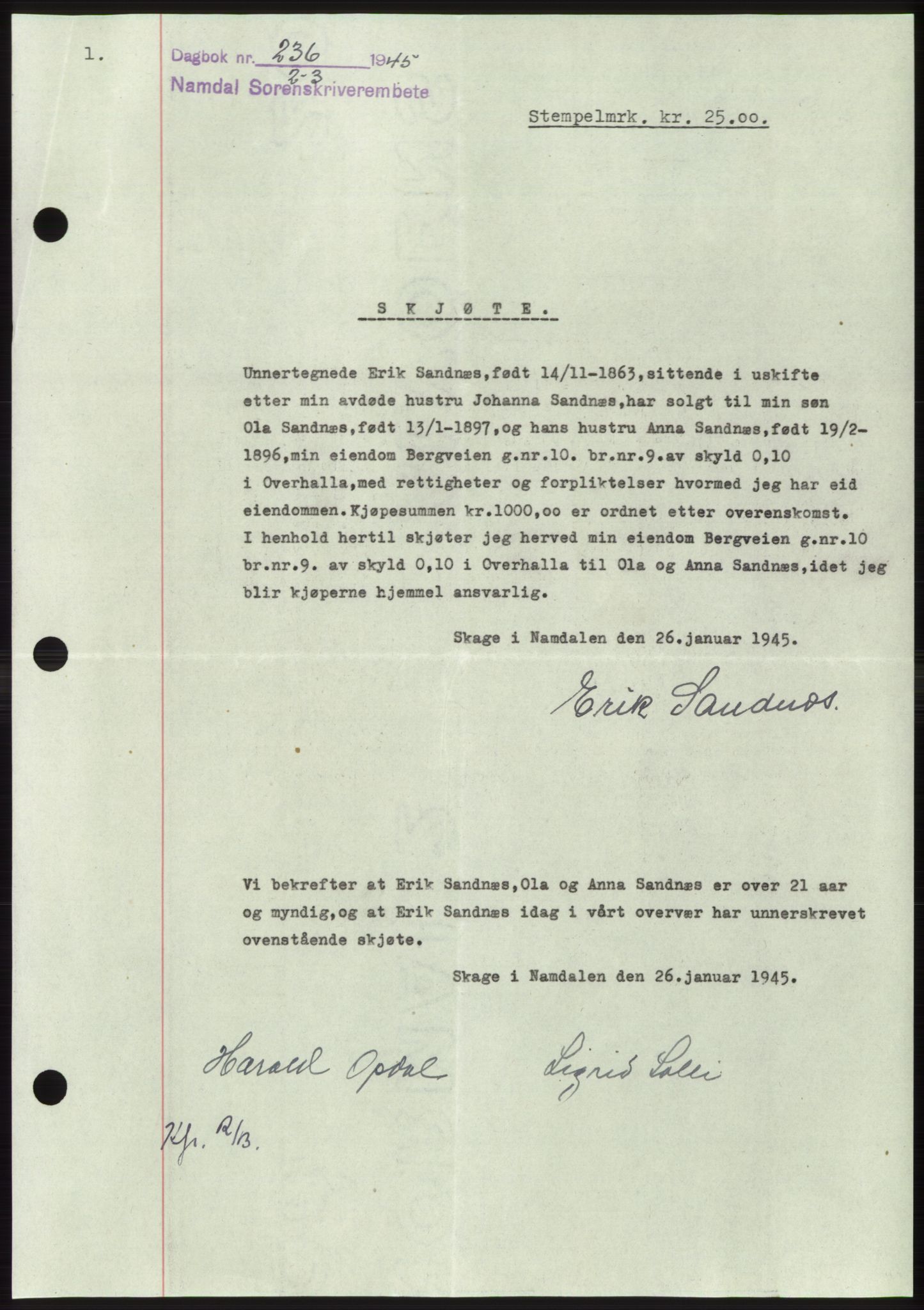 Namdal sorenskriveri, SAT/A-4133/1/2/2C: Pantebok nr. -, 1944-1945, Dagboknr: 236/1945