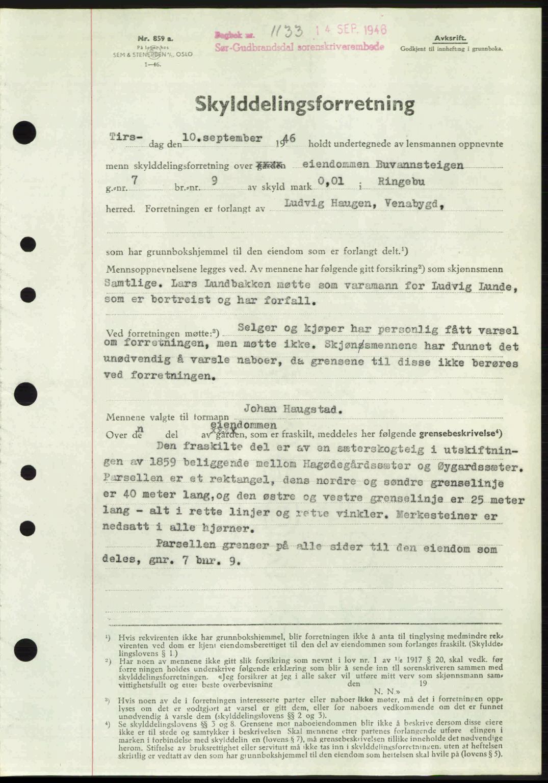 Sør-Gudbrandsdal tingrett, SAH/TING-004/H/Hb/Hbd/L0016: Pantebok nr. A16, 1946-1946, Dagboknr: 1133/1946
