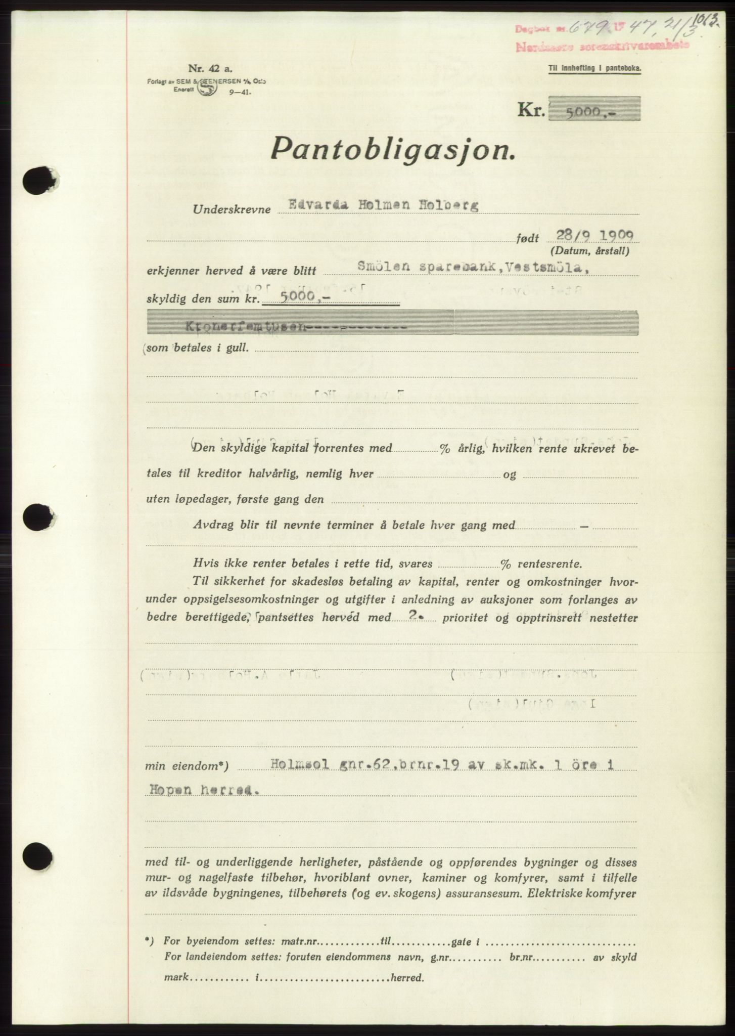 Nordmøre sorenskriveri, SAT/A-4132/1/2/2Ca: Pantebok nr. B95, 1946-1947, Dagboknr: 679/1947