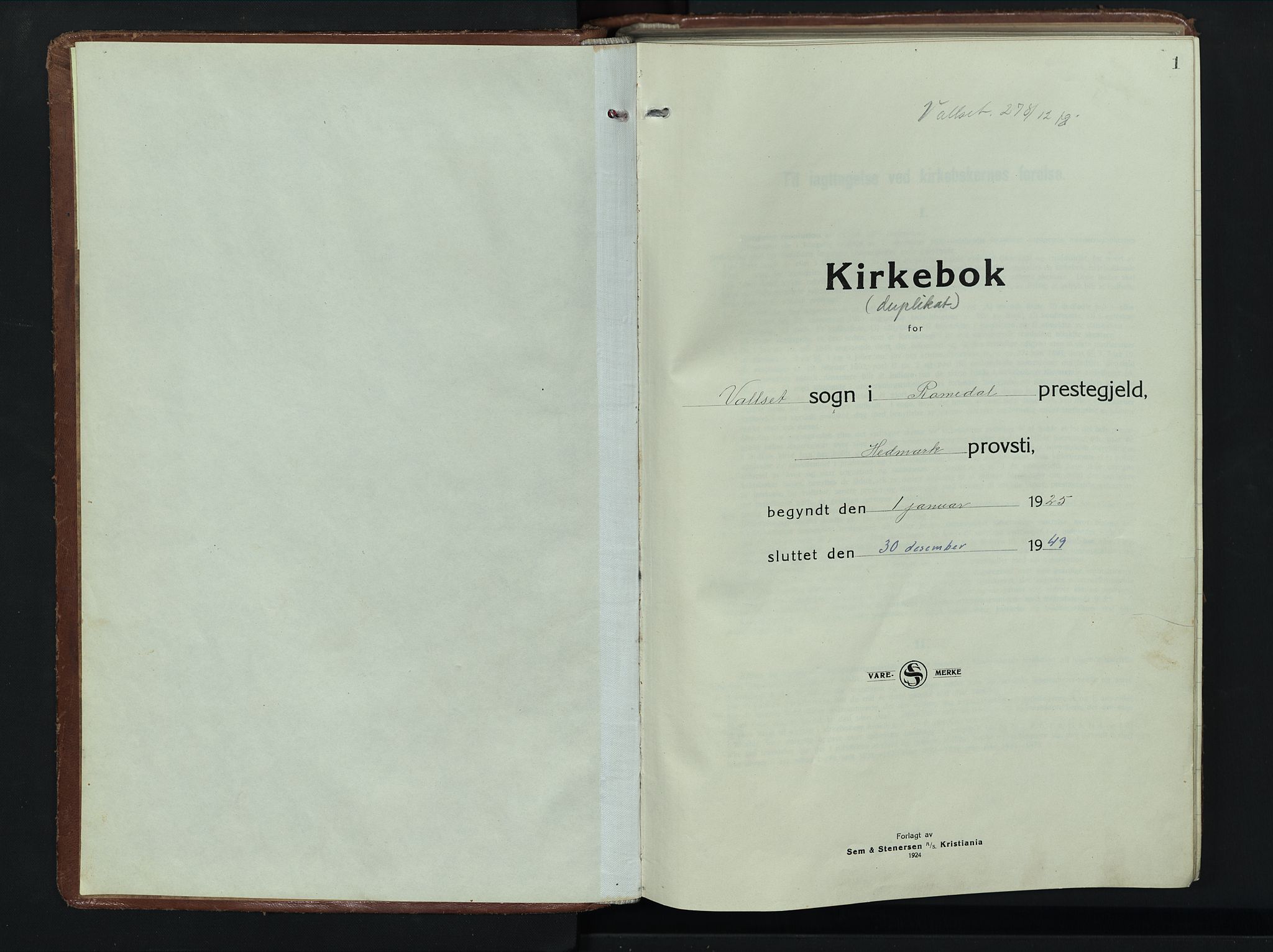 Romedal prestekontor, SAH/PREST-004/L/L0015: Klokkerbok nr. 15, 1923-1949, s. 1