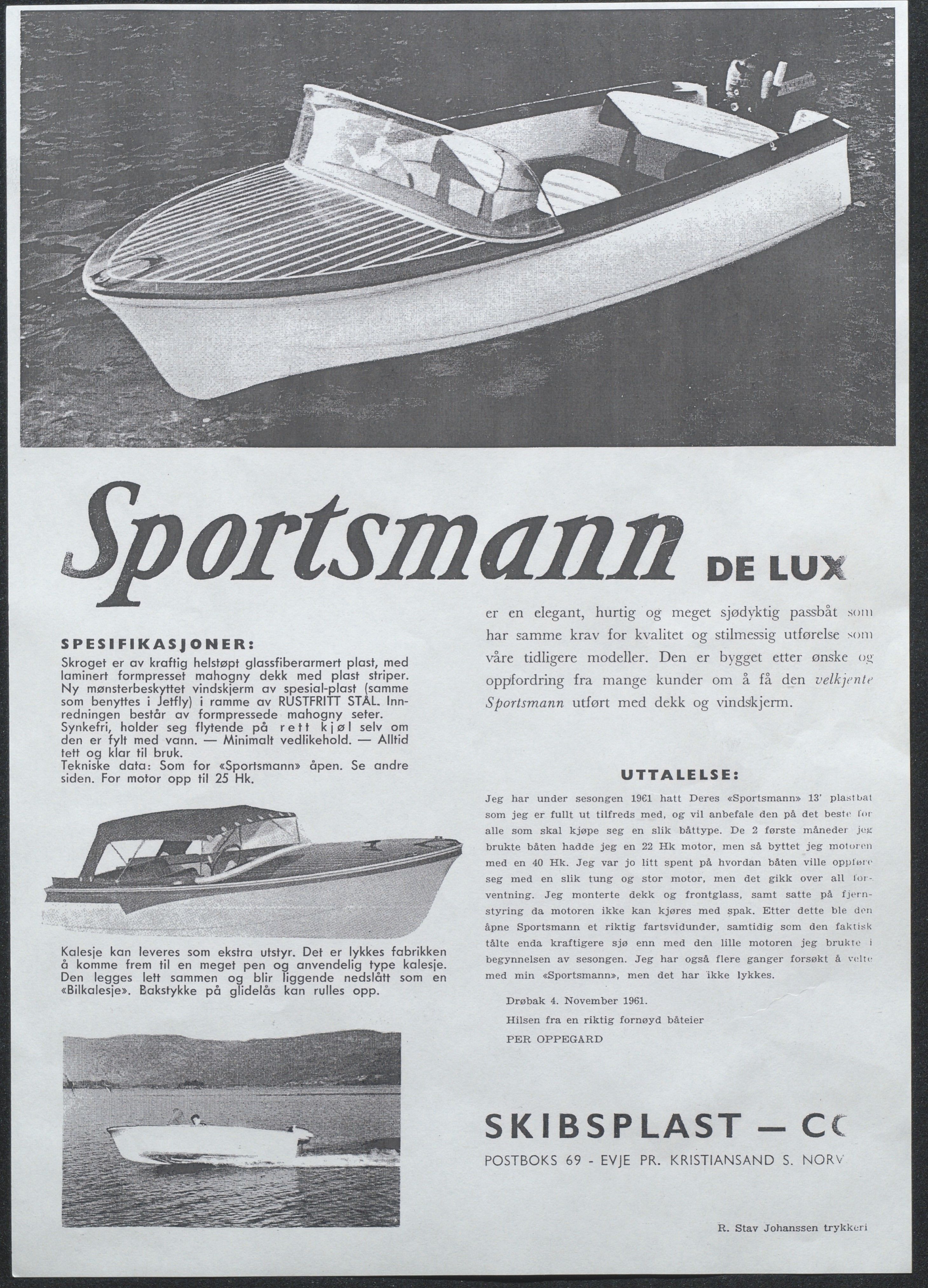 Skibsplast, AAKS/PA-2968/01/X/X01/L0002/0001: Brosjyrer / Sportsmann De Luxe (1964-1971), 1964-1971