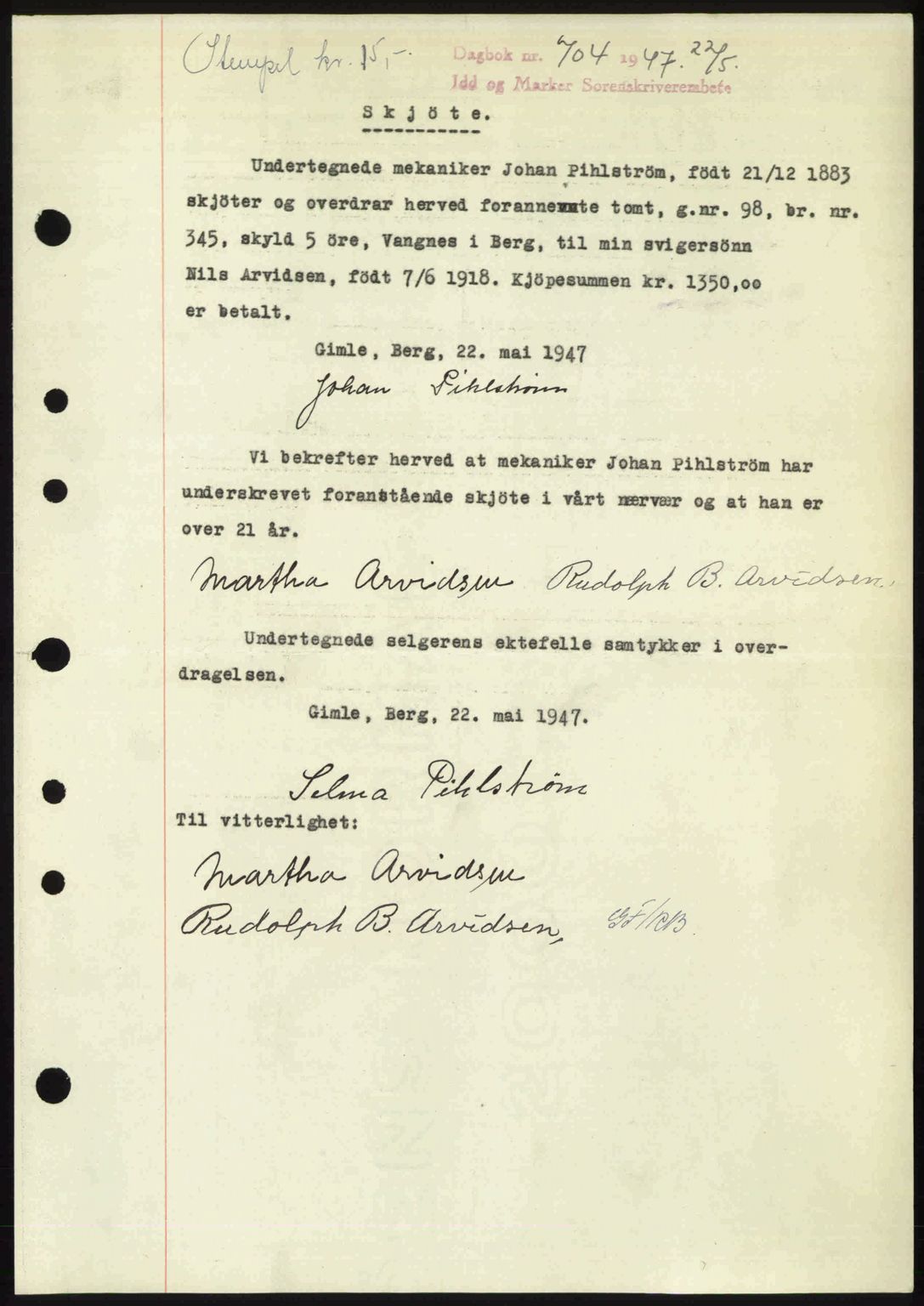 Idd og Marker sorenskriveri, SAO/A-10283/G/Gb/Gbb/L0009: Pantebok nr. A9, 1946-1947, Dagboknr: 704/1947