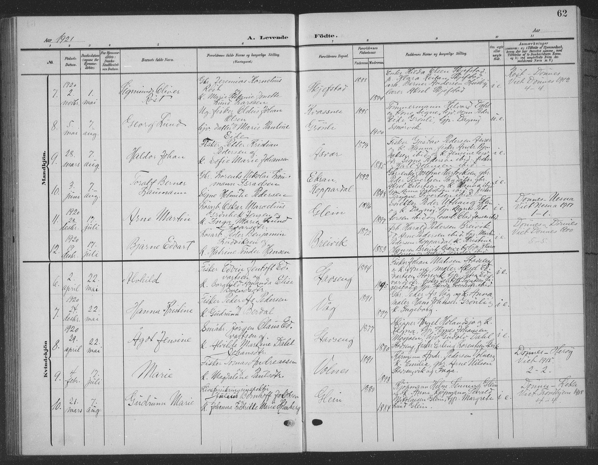 Ministerialprotokoller, klokkerbøker og fødselsregistre - Nordland, AV/SAT-A-1459/835/L0533: Klokkerbok nr. 835C05, 1906-1939, s. 62