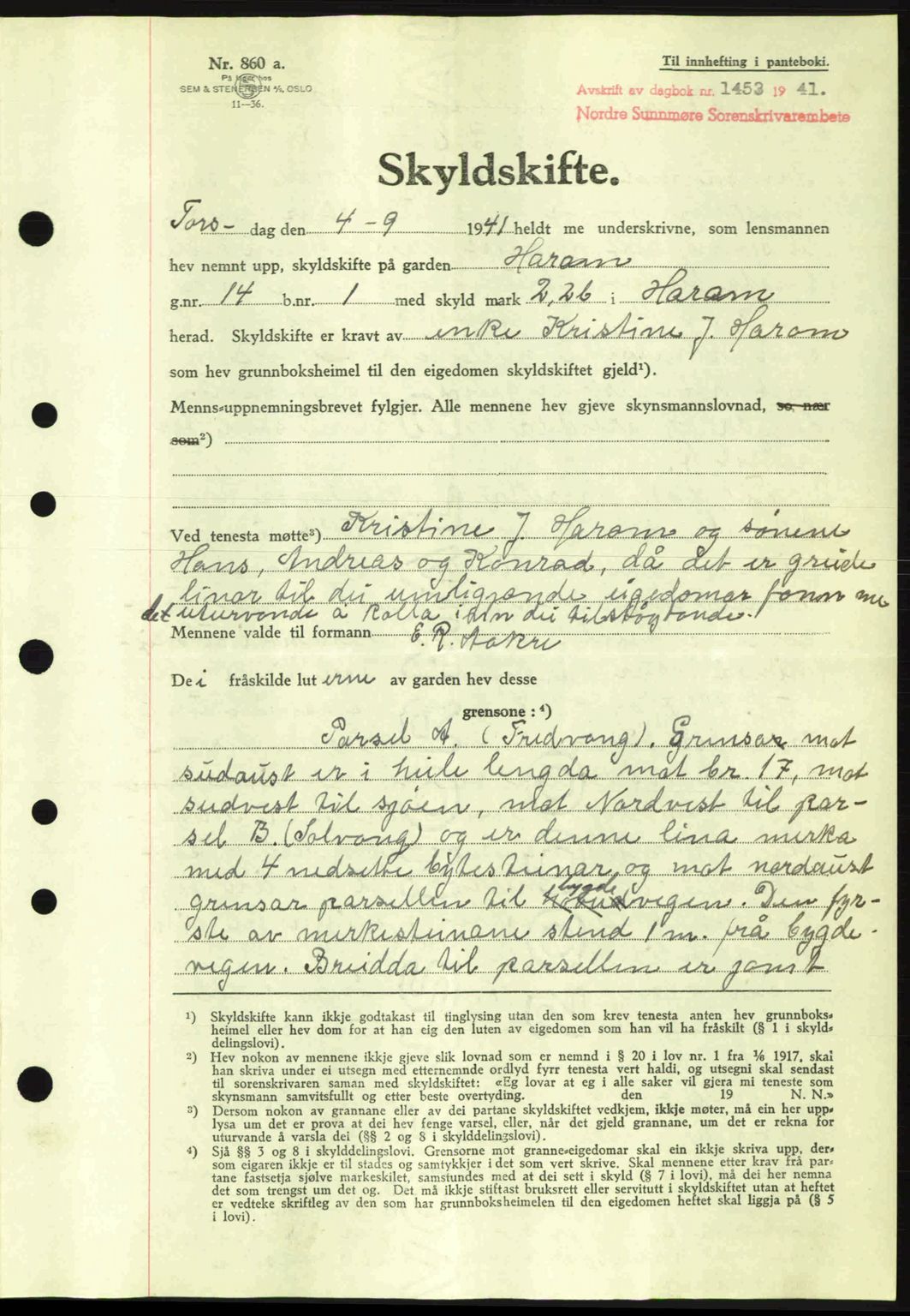 Nordre Sunnmøre sorenskriveri, SAT/A-0006/1/2/2C/2Ca: Pantebok nr. A11, 1941-1941, Dagboknr: 1453/1941