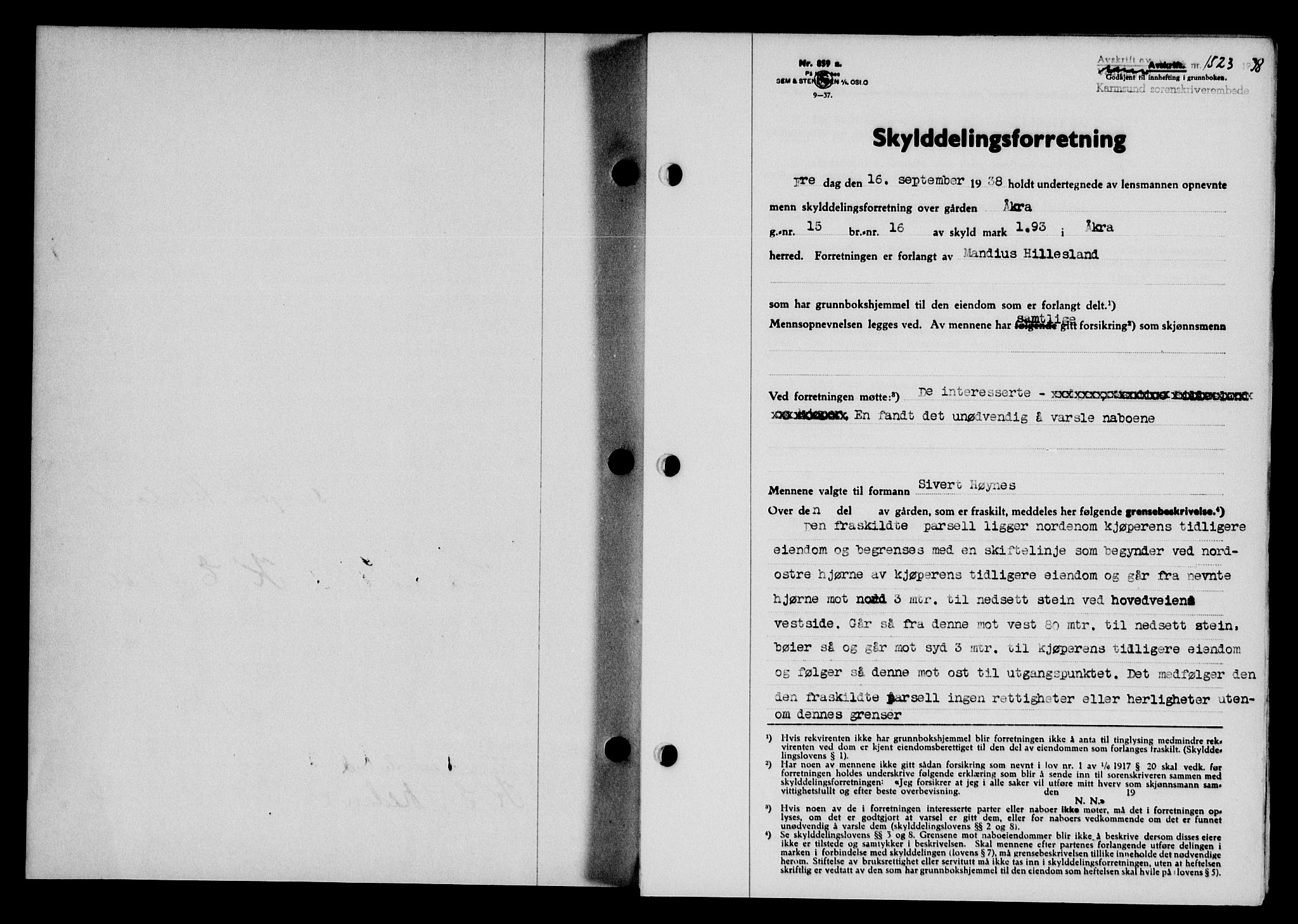 Karmsund sorenskriveri, SAST/A-100311/01/II/IIB/L0070: Pantebok nr. 51A, 1938-1939, Dagboknr: 1523/1938