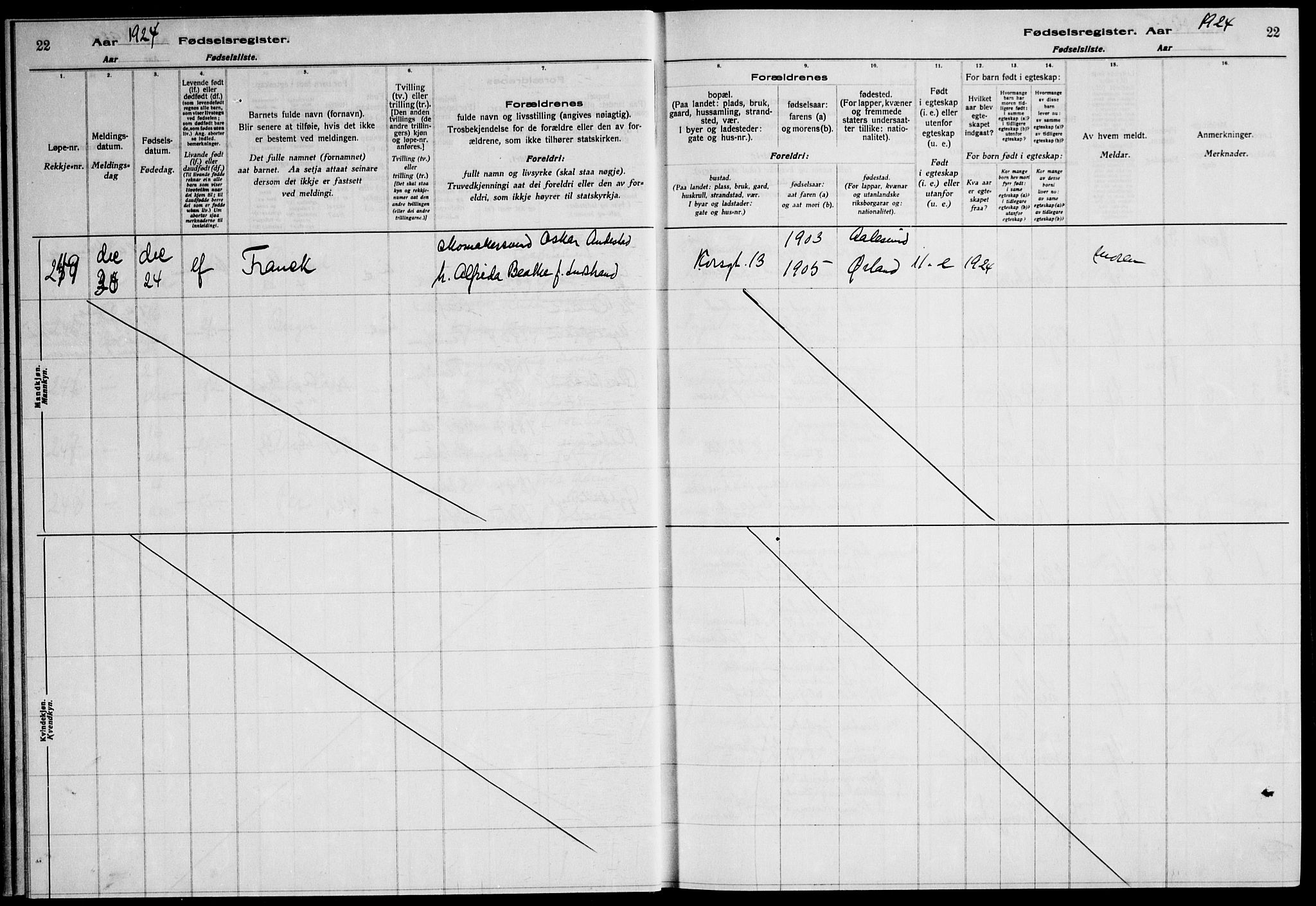 Ministerialprotokoller, klokkerbøker og fødselsregistre - Sør-Trøndelag, SAT/A-1456/600/L0004: Fødselsregister nr. 600.II.4.3, 1924-1928, s. 22