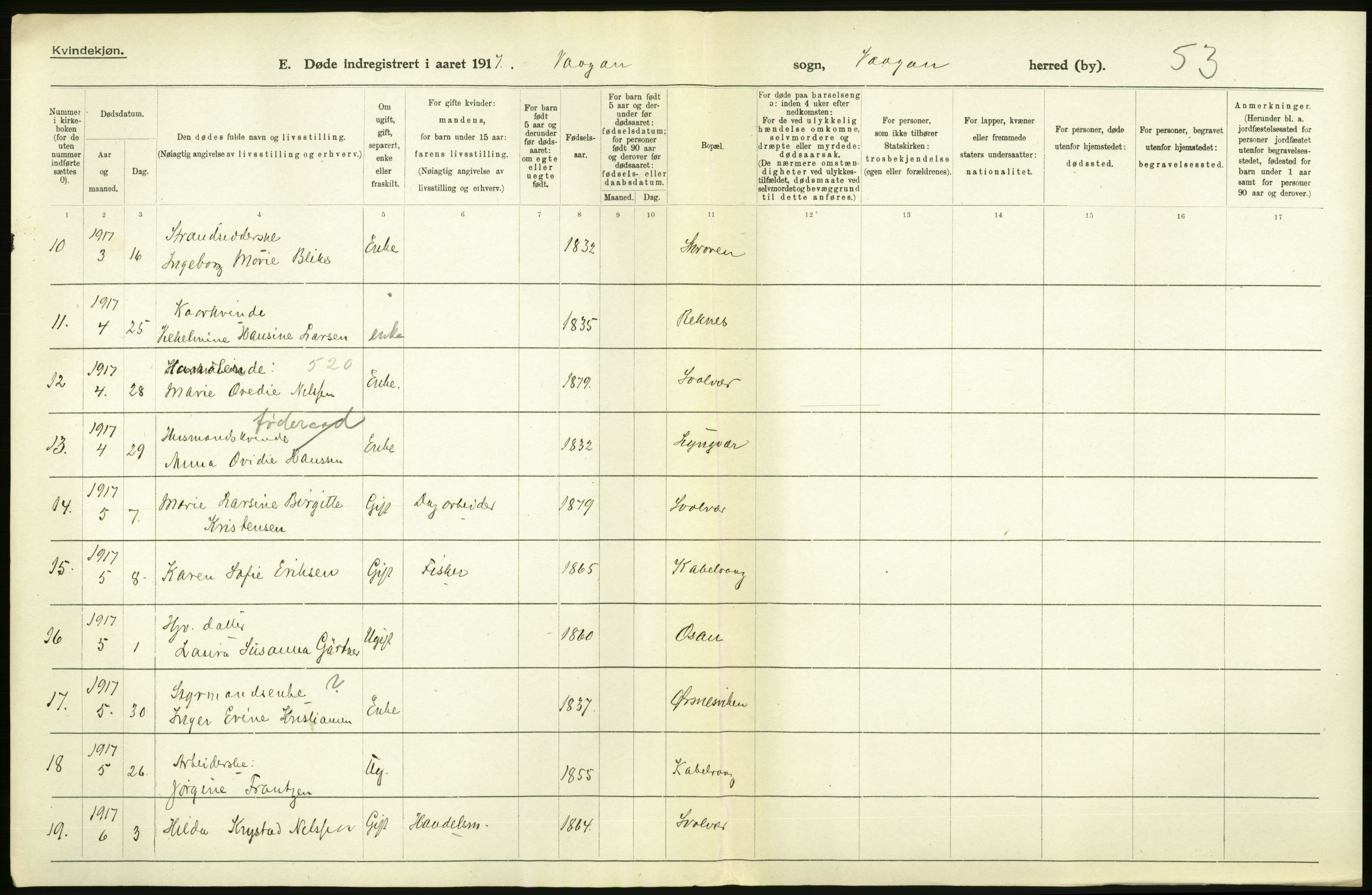 Statistisk sentralbyrå, Sosiodemografiske emner, Befolkning, RA/S-2228/D/Df/Dfb/Dfbg/L0052: Nordlands amt: Døde. Bygder og byer., 1917, s. 34