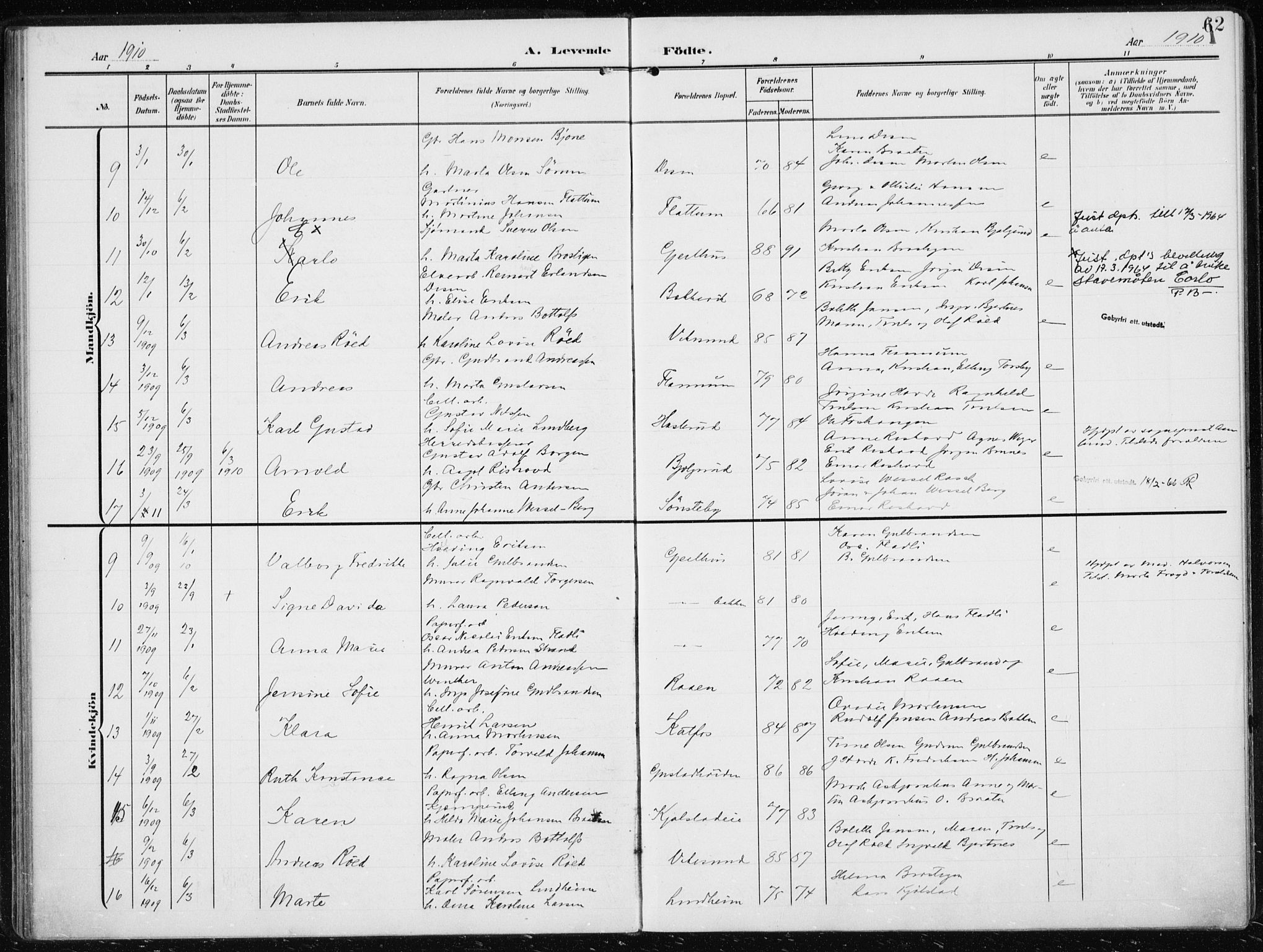 Modum kirkebøker, AV/SAKO-A-234/F/Fa/L0014a: Ministerialbok nr. 14A, 1906-1918, s. 62