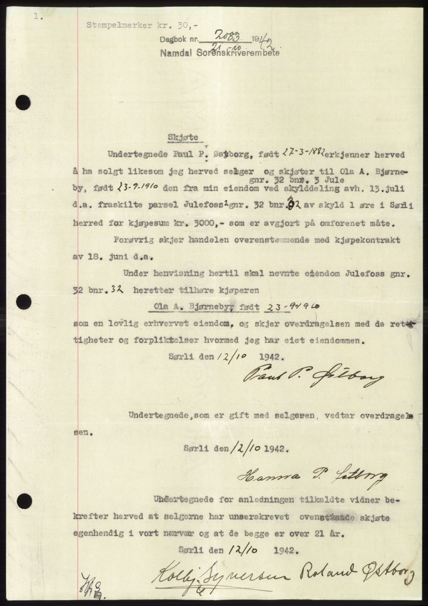 Namdal sorenskriveri, SAT/A-4133/1/2/2C: Pantebok nr. -, 1942-1943, Dagboknr: 2083/1942
