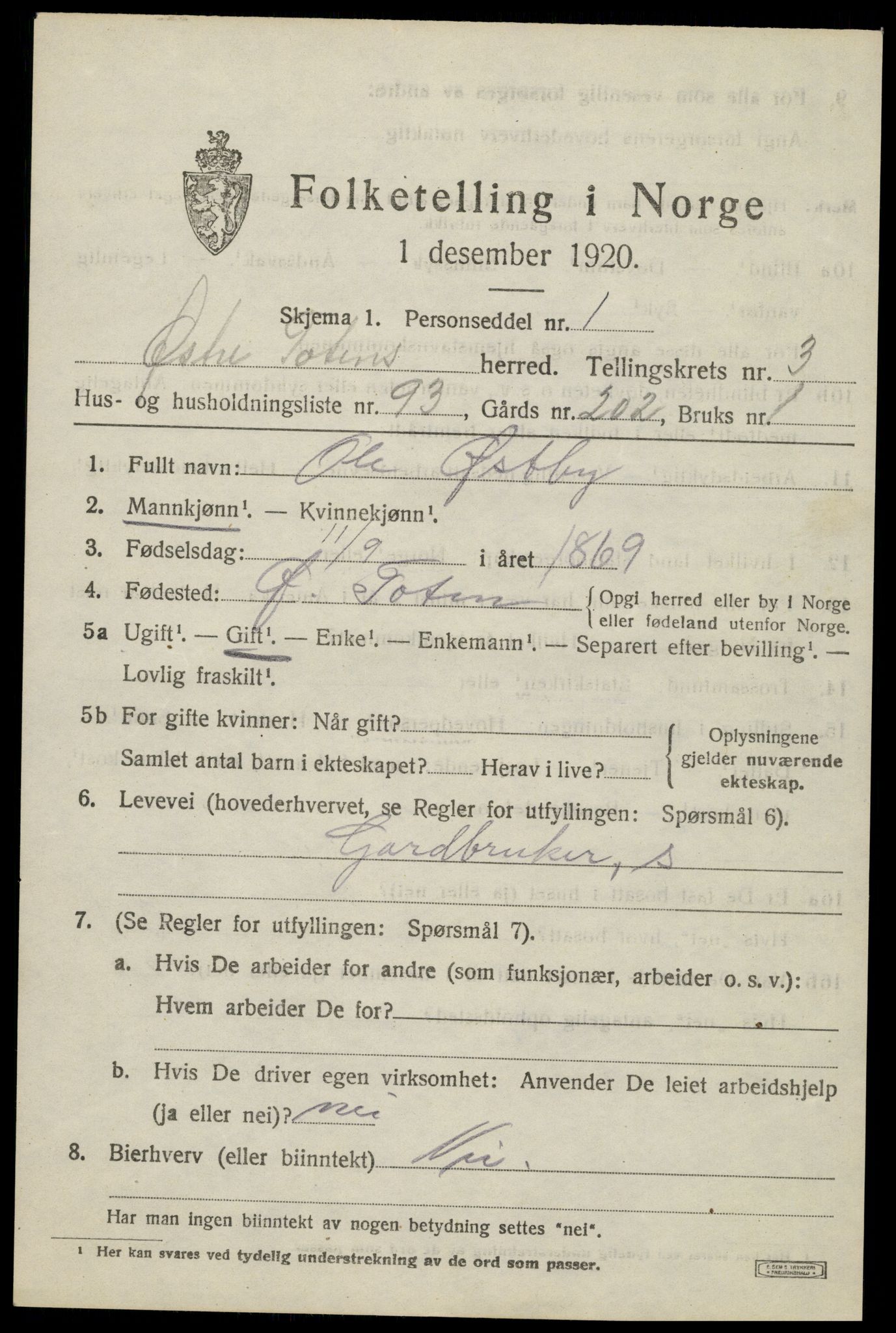SAH, Folketelling 1920 for 0528 Østre Toten herred, 1920, s. 6974