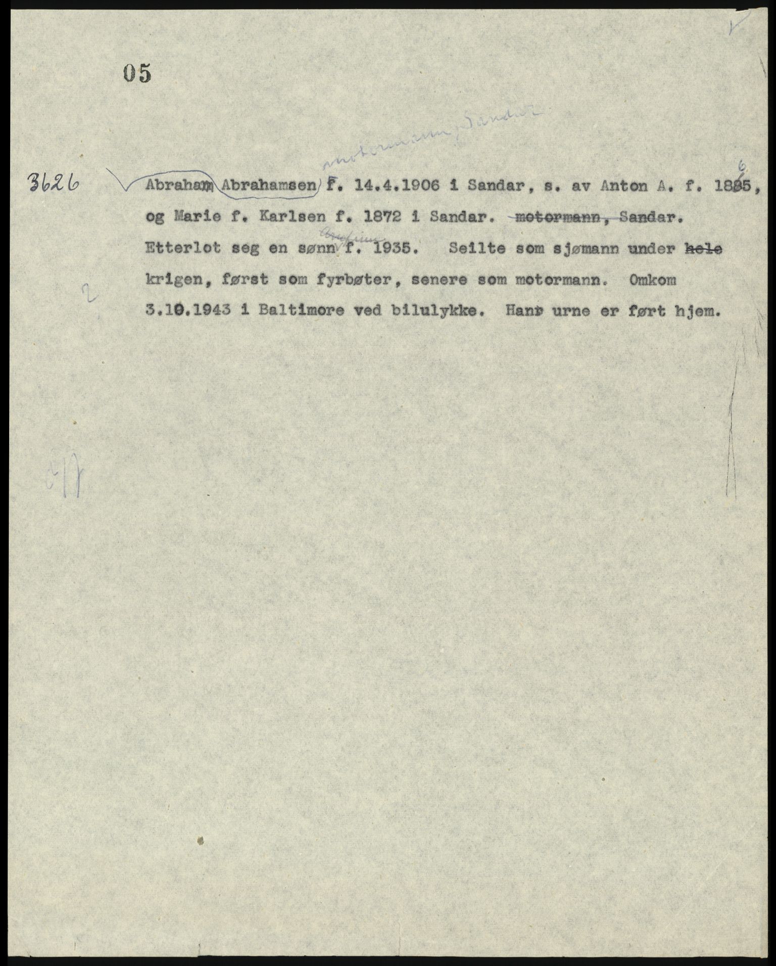 Sosialdepartementet, Våre Falne, RA/S-1708/E/Ee/L0025: Personmapper: Abelsen 01 - Amundsen, H. 65, 1945-1951, s. 89