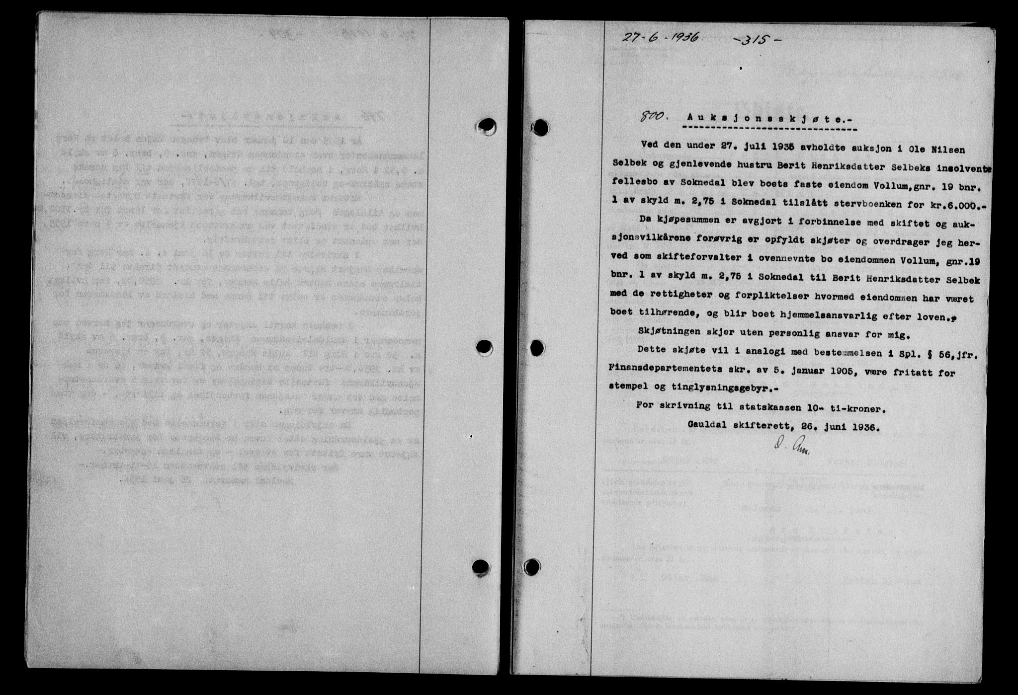 Gauldal sorenskriveri, SAT/A-0014/1/2/2C/L0046: Pantebok nr. 49-50, 1936-1937, Dagboknr: 800/1936
