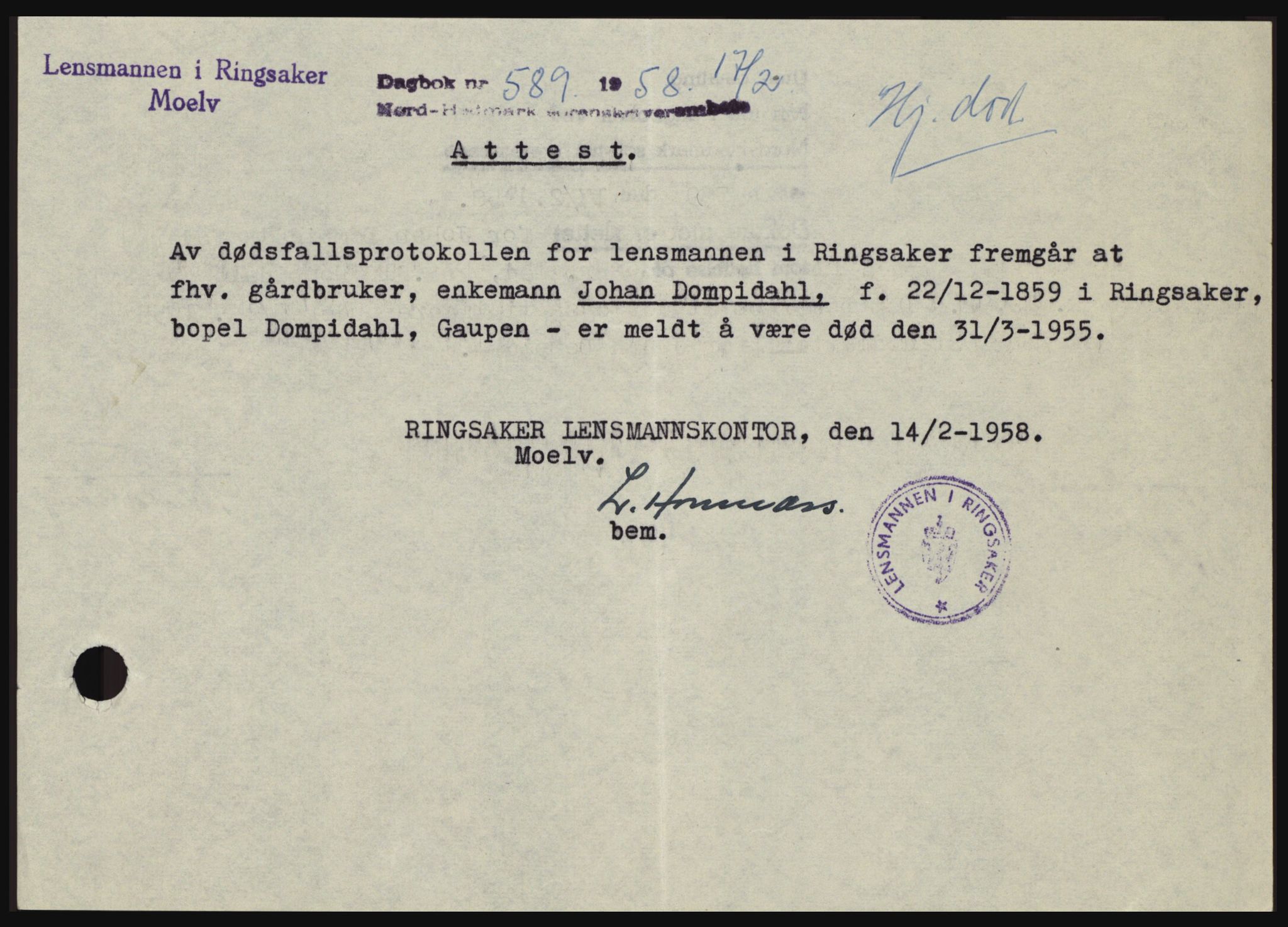 Nord-Hedmark sorenskriveri, SAH/TING-012/H/Hc/L0012: Pantebok nr. 12, 1957-1958, Dagboknr: 589/1958