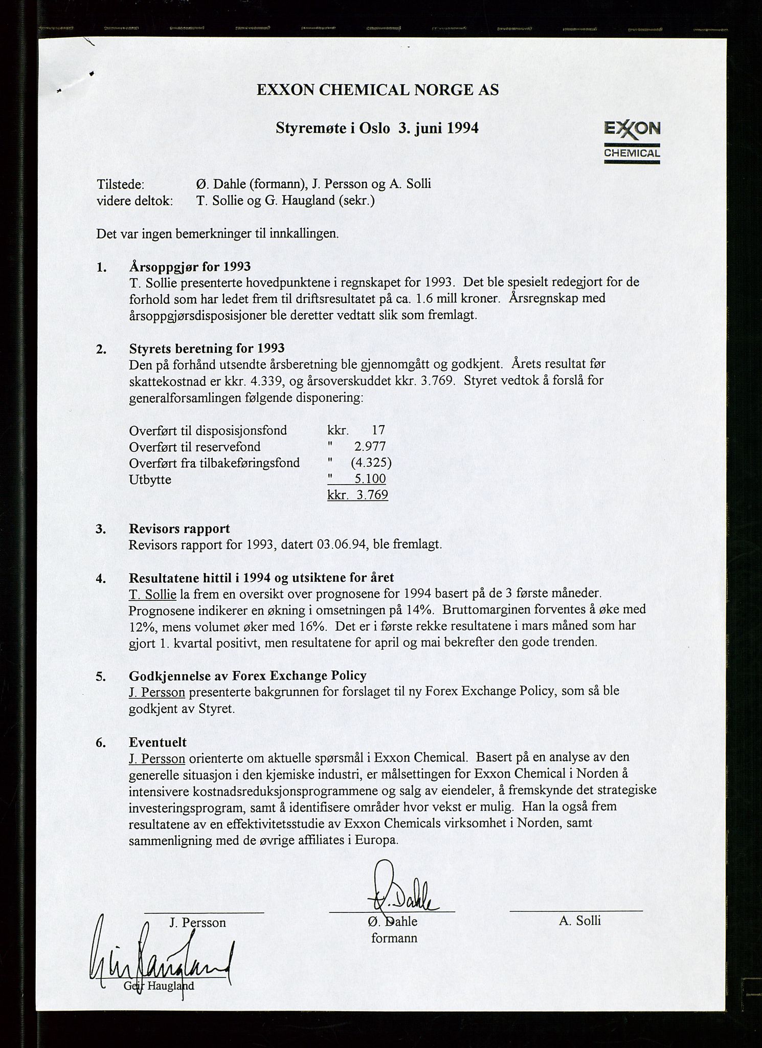 PA 1538 - Exxon Chemical Norge A/S, AV/SAST-A-101958/A/Aa/L0002/0003: Styredokumenter / Styremøter og generalforsamling, 1992-1995