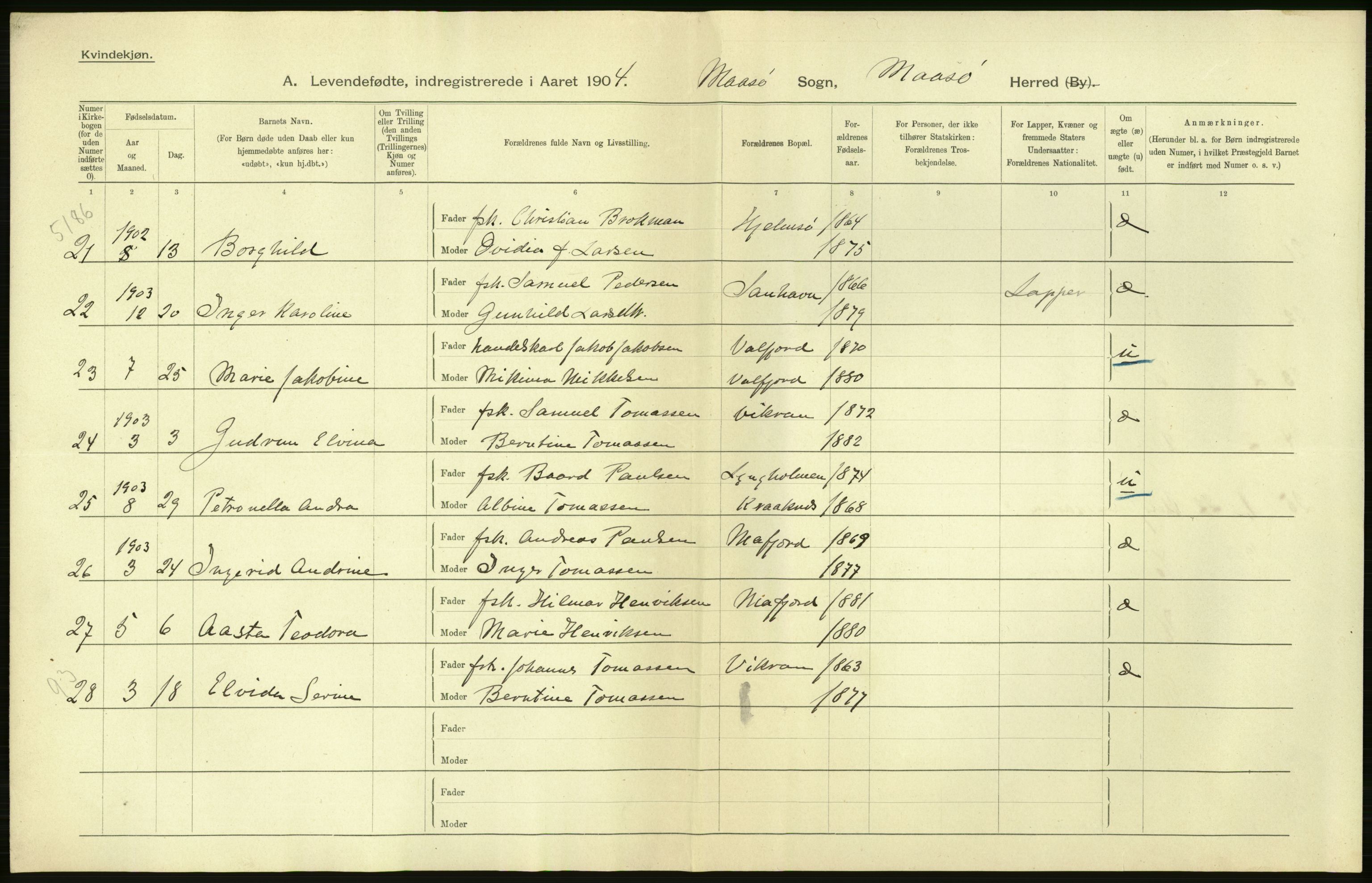 Statistisk sentralbyrå, Sosiodemografiske emner, Befolkning, AV/RA-S-2228/D/Df/Dfa/Dfab/L0023: Finnmarkens amt: Fødte, gifte, døde, 1904, s. 4