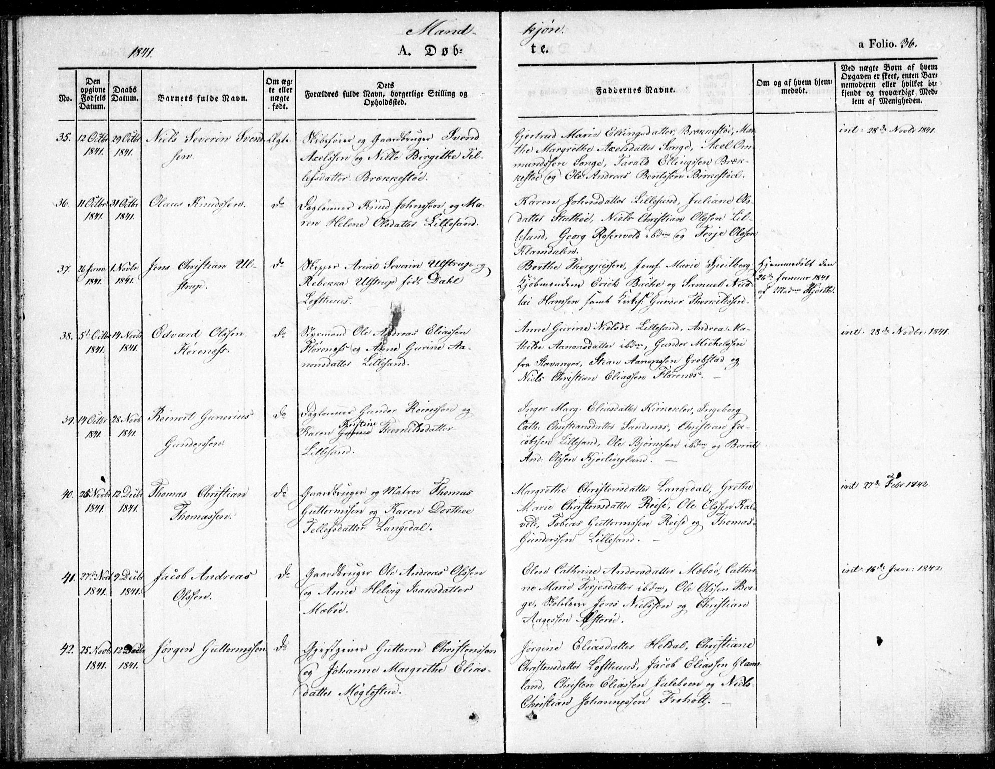Vestre Moland sokneprestkontor, AV/SAK-1111-0046/F/Fb/Fbb/L0002: Klokkerbok nr. B 2, 1836-1851, s. 36