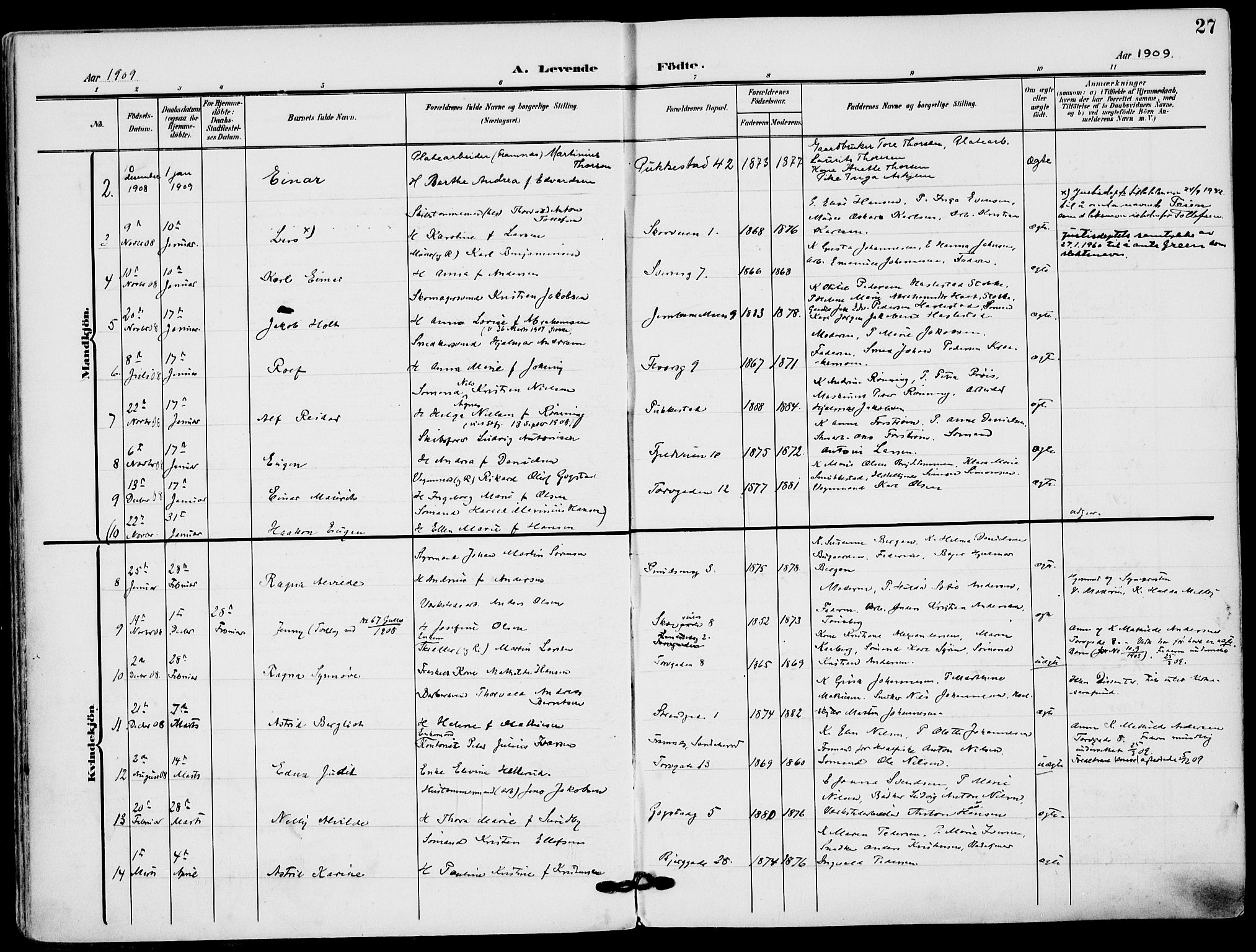 Sandefjord kirkebøker, AV/SAKO-A-315/F/Fa/L0005: Ministerialbok nr. 5, 1906-1915, s. 27