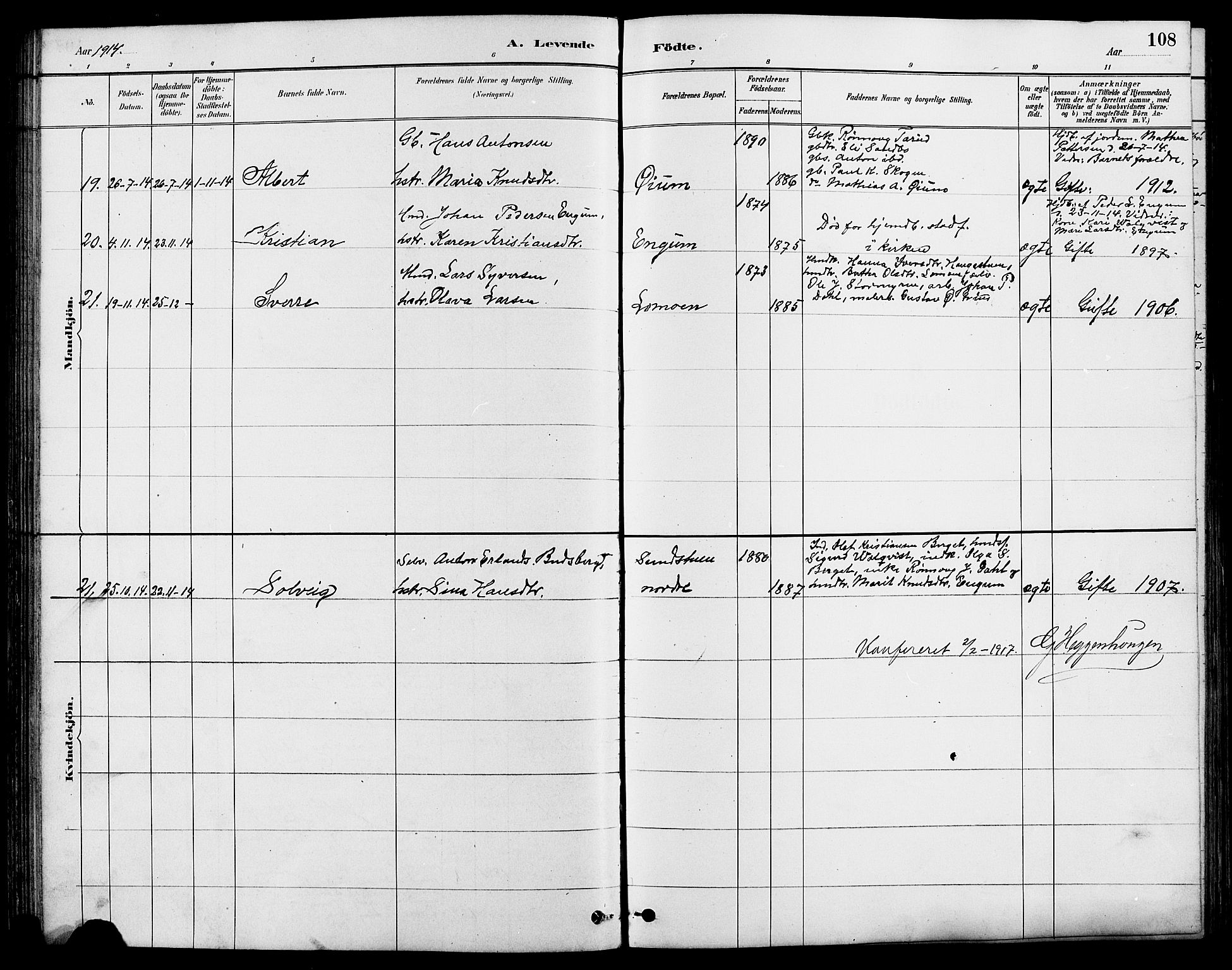 Nord-Fron prestekontor, AV/SAH-PREST-080/H/Ha/Hab/L0004: Klokkerbok nr. 4, 1884-1914, s. 108