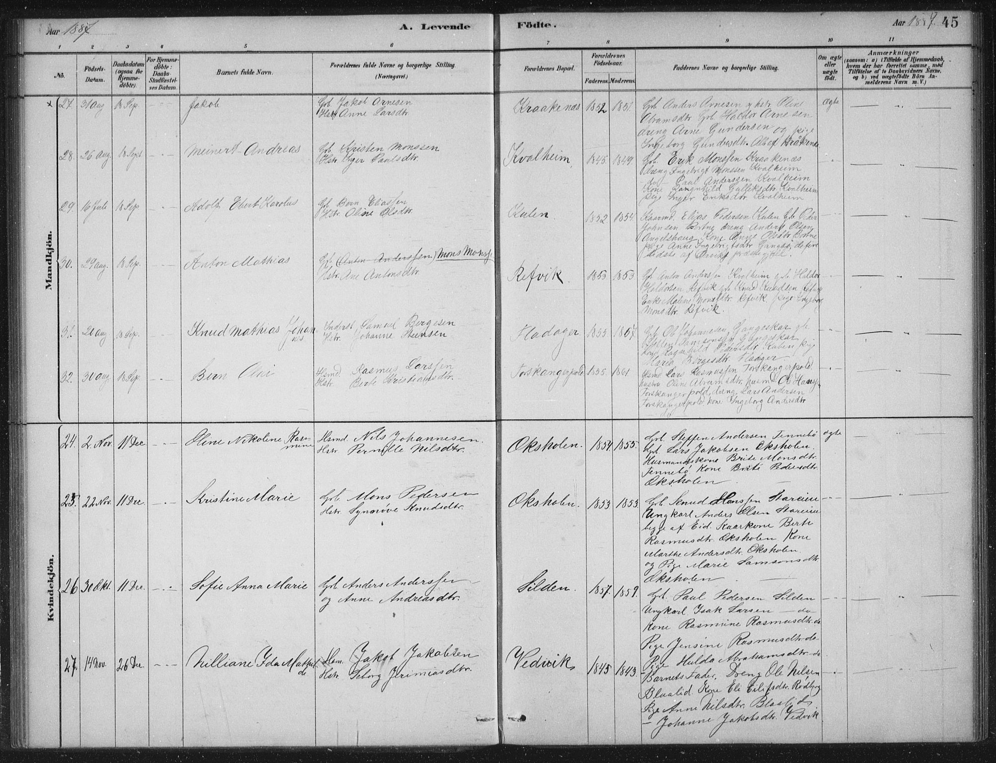 Selje sokneprestembete, AV/SAB-A-99938/H/Ha/Haa/Haac/L0001: Ministerialbok nr. C  1, 1881-1888, s. 45