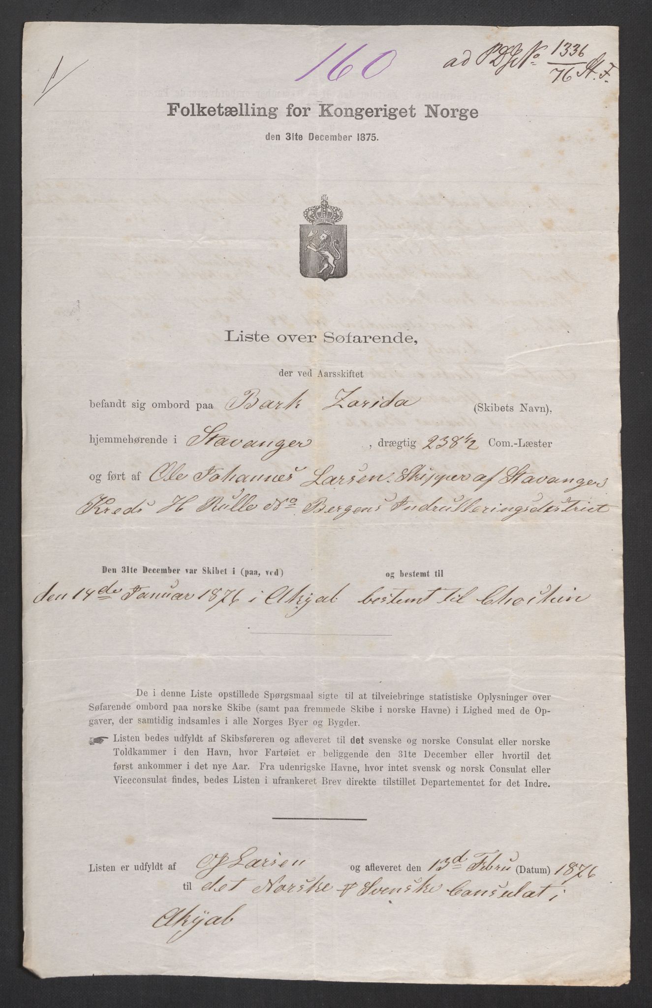 RA, Folketelling 1875, skipslister: Skip i utenrikske havner, hjemmehørende i 1) byer og ladesteder, Grimstad - Tromsø, 2) landdistrikter, 1875, s. 736