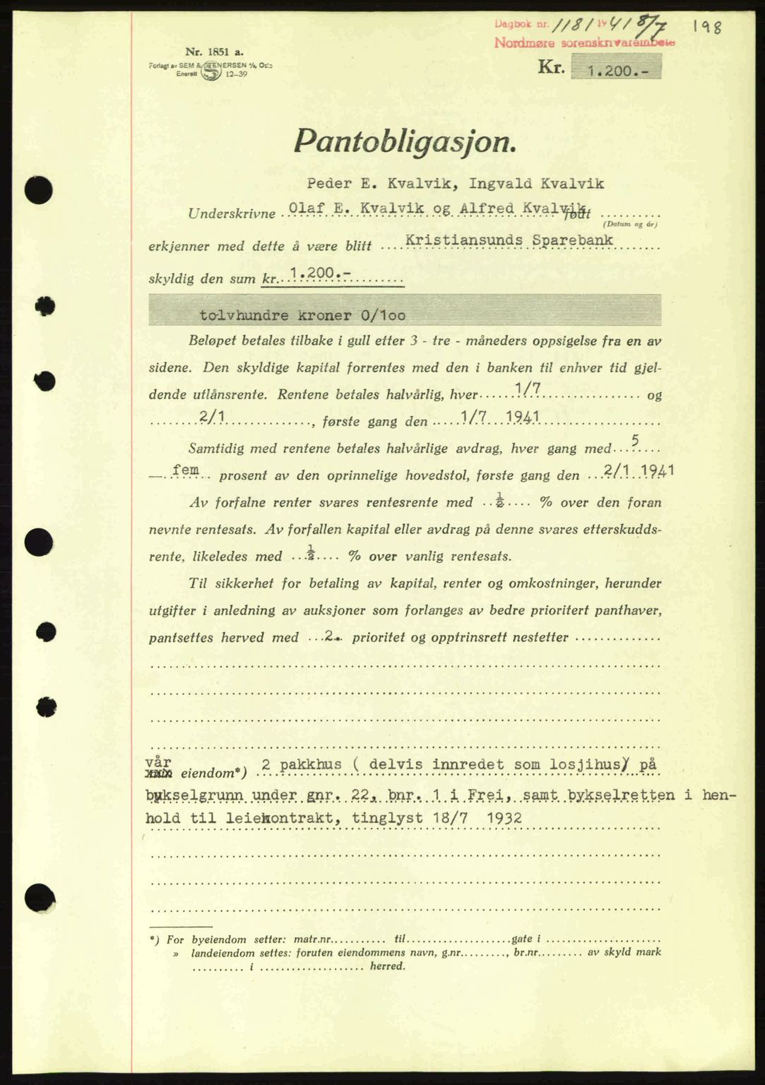 Nordmøre sorenskriveri, SAT/A-4132/1/2/2Ca: Pantebok nr. B88, 1941-1942, Dagboknr: 1181/1941