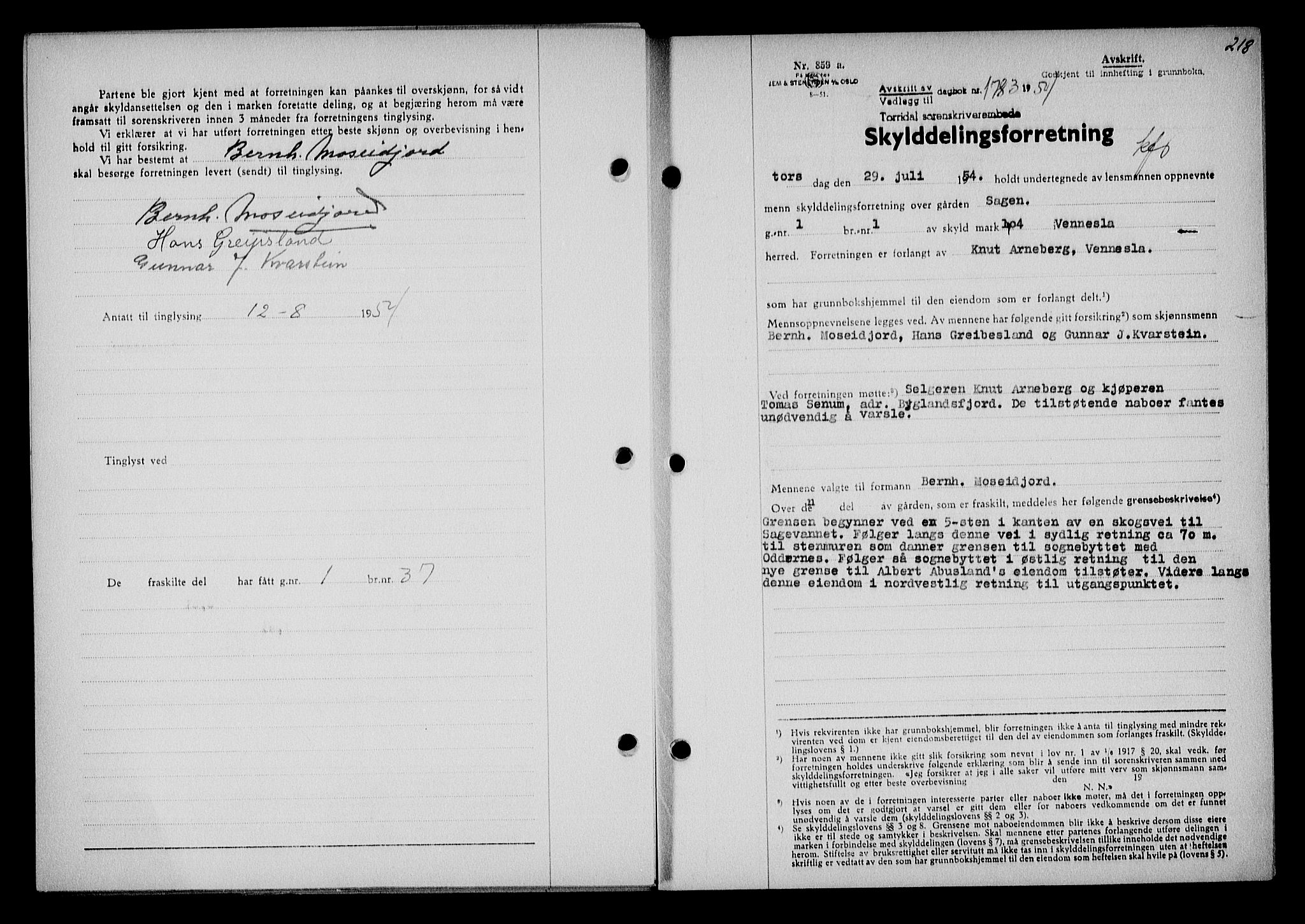 Torridal sorenskriveri, SAK/1221-0012/G/Gb/Gba/L0065: Pantebok nr. 80a-84a, 1953-1955, Dagboknr: 1783/1954