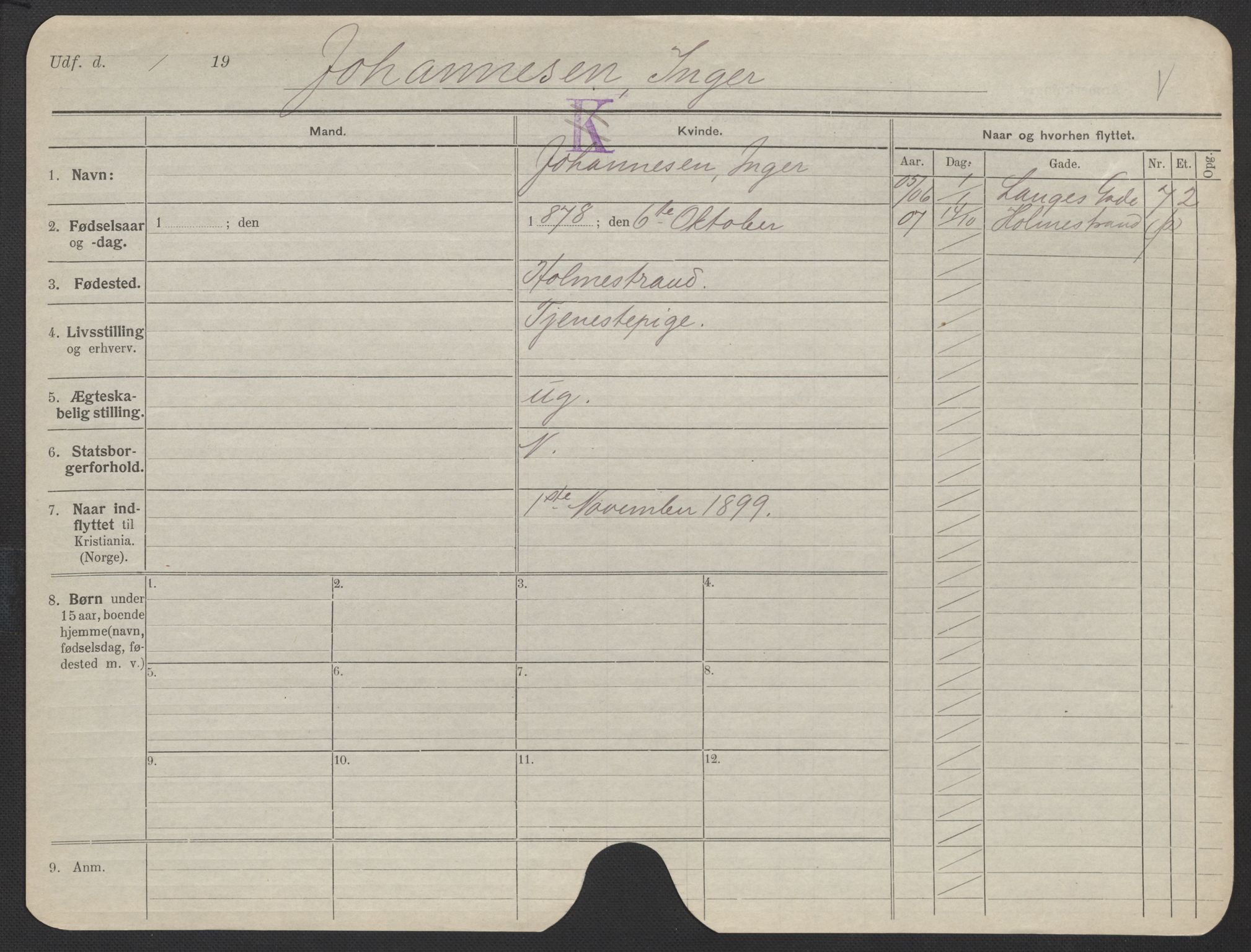 Oslo folkeregister, Registerkort, AV/SAO-A-11715/F/Fa/Fac/L0018: Kvinner, 1906-1914, s. 100a
