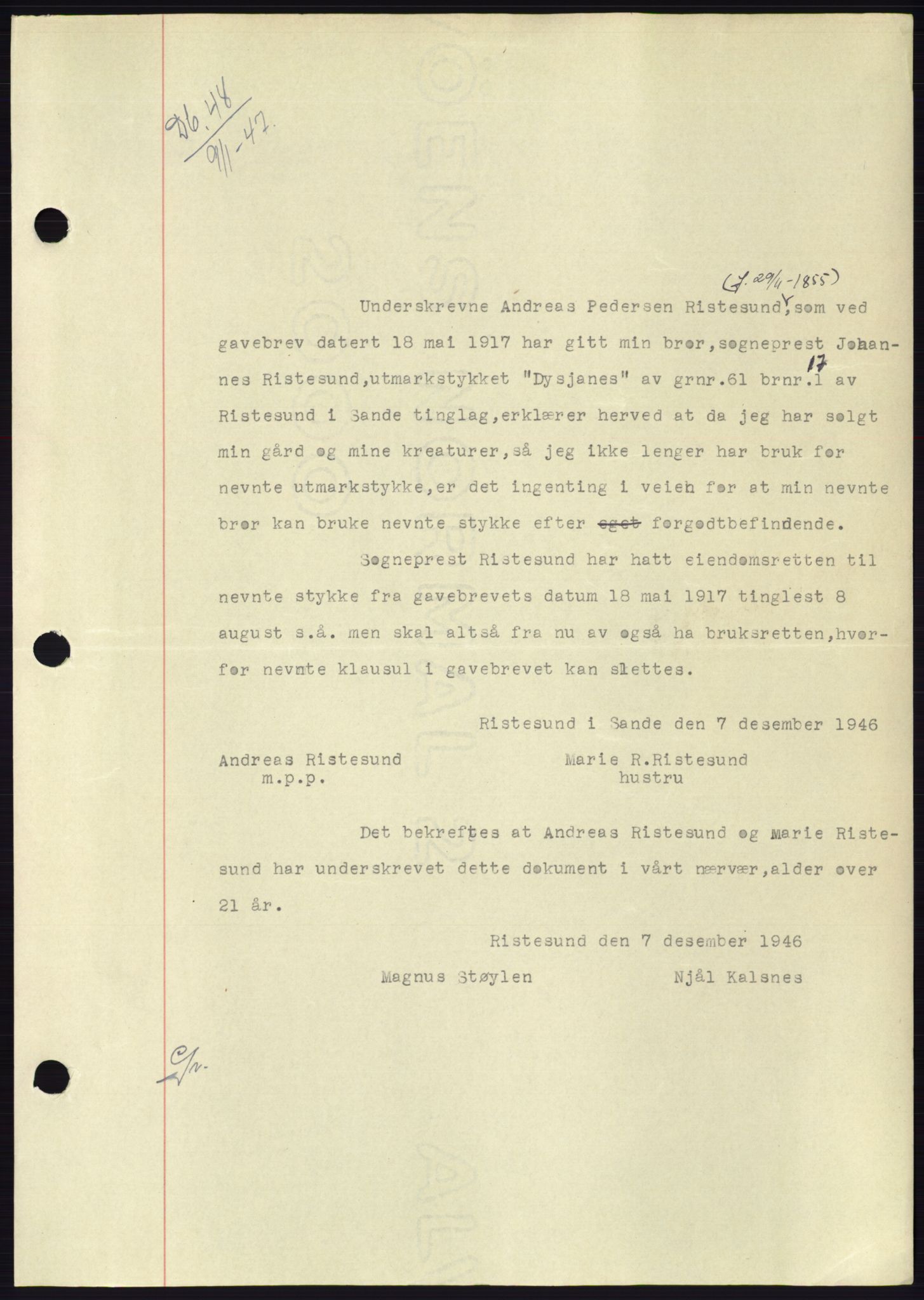 Søre Sunnmøre sorenskriveri, AV/SAT-A-4122/1/2/2C/L0114: Pantebok nr. 1-2B, 1943-1947, Dagboknr: 48/1947