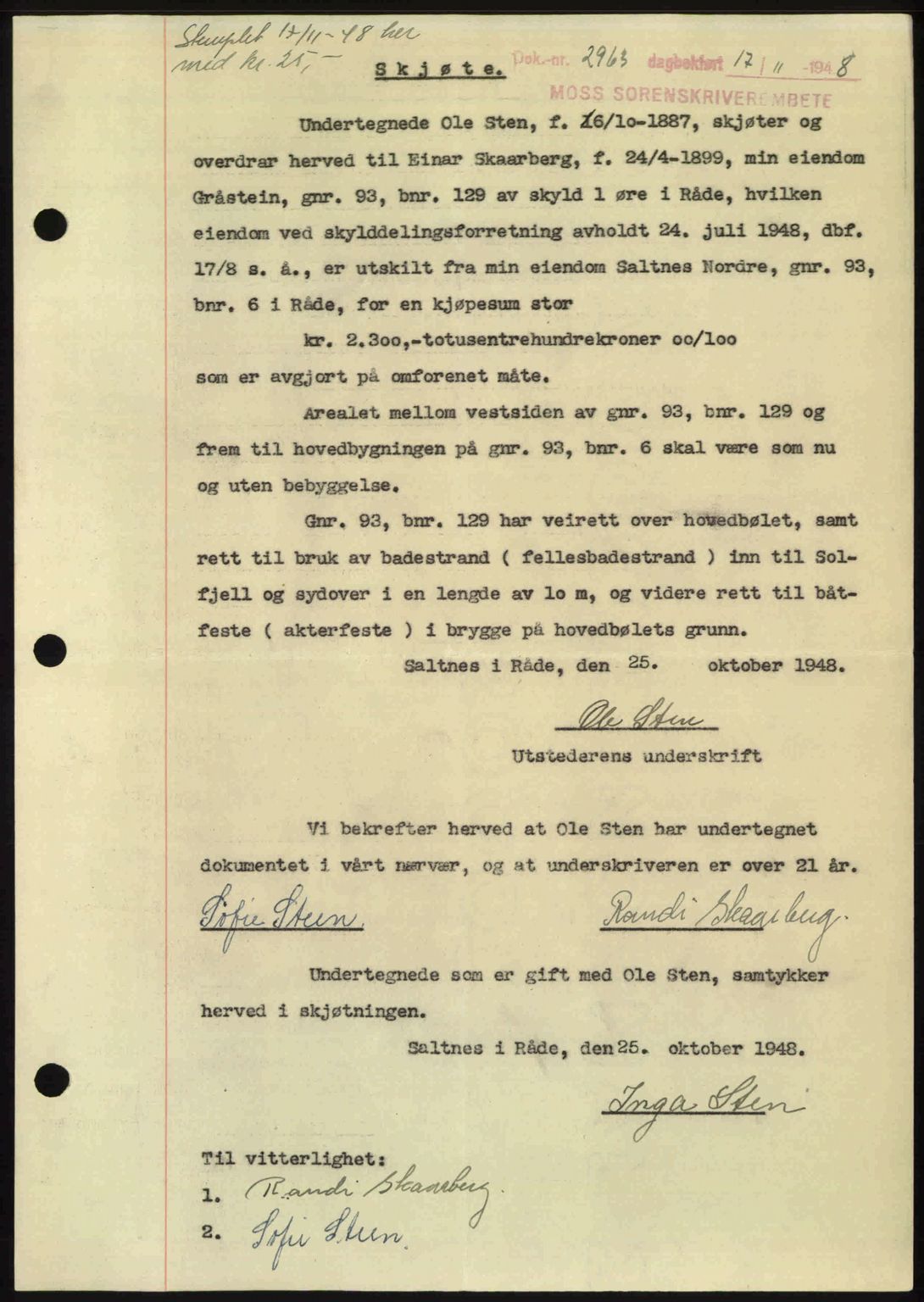 Moss sorenskriveri, SAO/A-10168: Pantebok nr. A20, 1948-1948, Dagboknr: 2963/1948